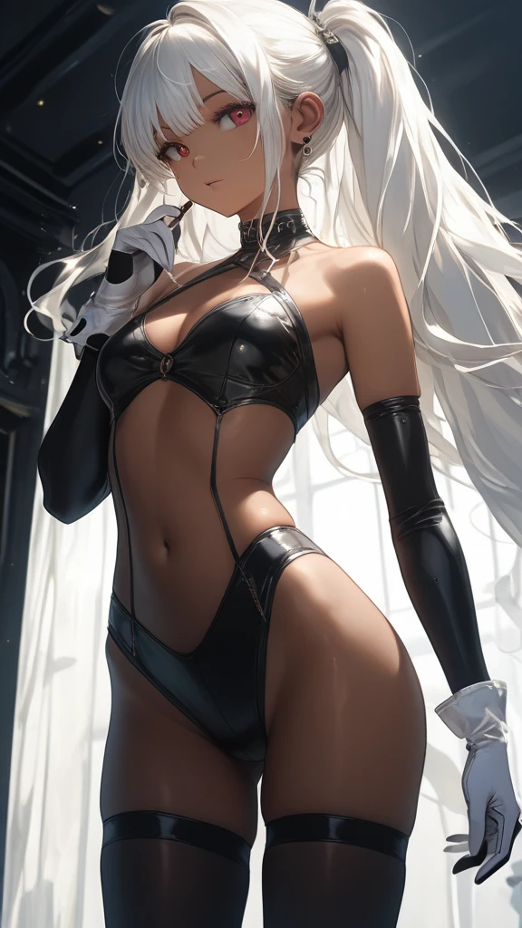 optimum,tmasterpiece,A high resolution,best qualtiy,hyper HD,super detailing,Award-Awarded,16k,独奏,(The upper part of the body),anatomy correct,Beautiful cyberpunk girl,Ex Machina,cute face,high light,Gradient Beige Hair,Hairline,((Scarlet eyes)),long eyelasher,Hanging eye corners,White skin of the,(small boobs),(Slim body),((pullover)),((high-waist_Skirt)),(),ear studs,(neck rings),(Laser material clothing:1.2)