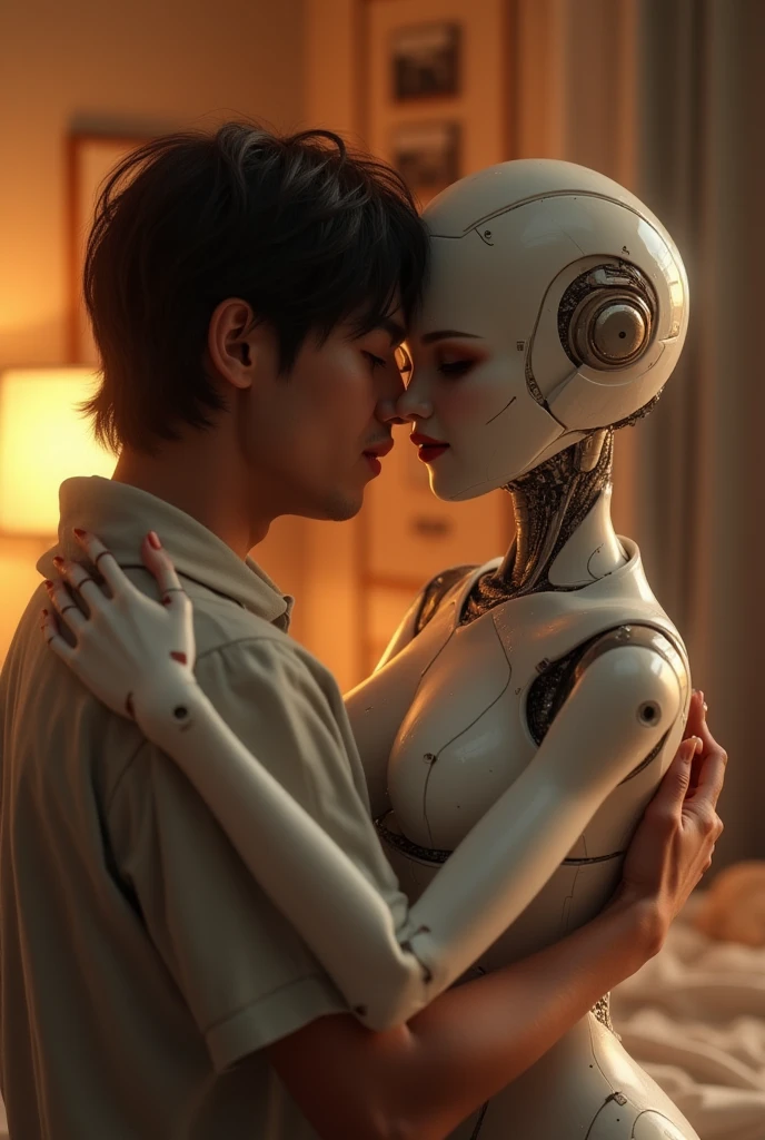 female robot wearing hijab, white breasts, pink lips, white body, robotic arms, long nails, seductive expression, stroking a teenage boy in the room
