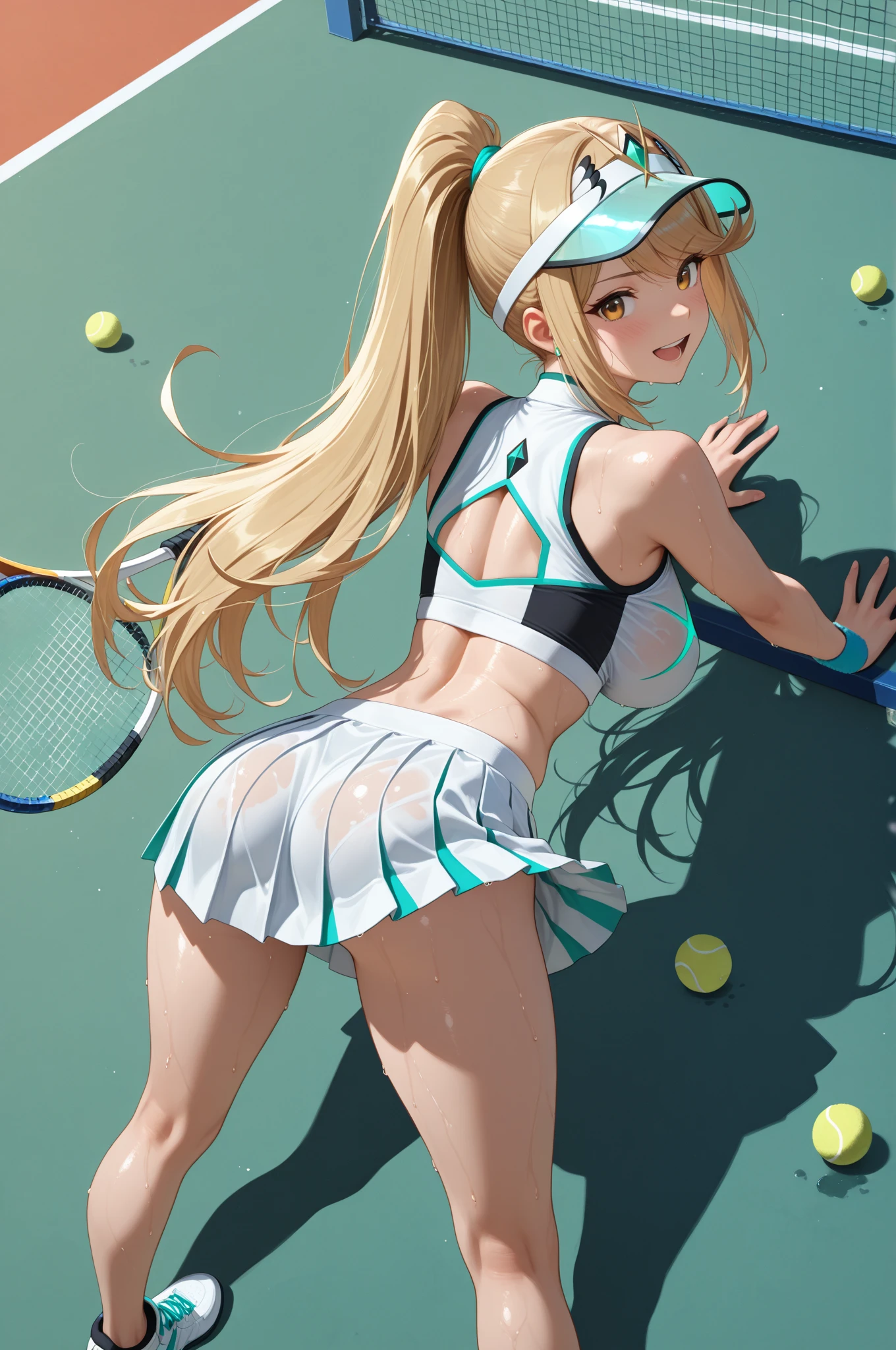 (((top-quality, masterpiece))), ((masterpiece, best quality;1.3)), ultra detailed, 8k unity wallpapers, CG, ray tracing, illustration, colorful, cinematic shadow, extremely detailed and beautiful background,vhd, shadering VRay,RT, 1girl, smile, teenage, blush, happy, smiling,  solo, blue eyes, (blush), (blonde hair), (long straight hair), (('small breasts))), slim waist, white glowing skin, nice hips, highly detailed beautiful face, beautiful face, beautiful deep eyes, (talented Lo-Fi:1.3), sexy, lewd, (((tennis uniform))), shirt lift, ((lace bra)), white miniskirt, ((white skirt)), ((white lace panty)), ((white stocking)), (((tennis field))), glowing, glowing light, ultra detailed, scenic, atmospheric, classroom atmosphere, ((Masterpiece, Excellent, complex details)), delicate girl, delicate face