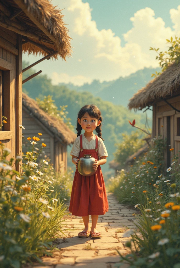 A cute baby chibi anime girl , blue and white hanfu, is planting vegetables in a garden, surrounded by various vegetables. Behind the scene are mountains, a river flows by. The sunlight hits her face. The sun is rising. A bucket of water is placed beside her.