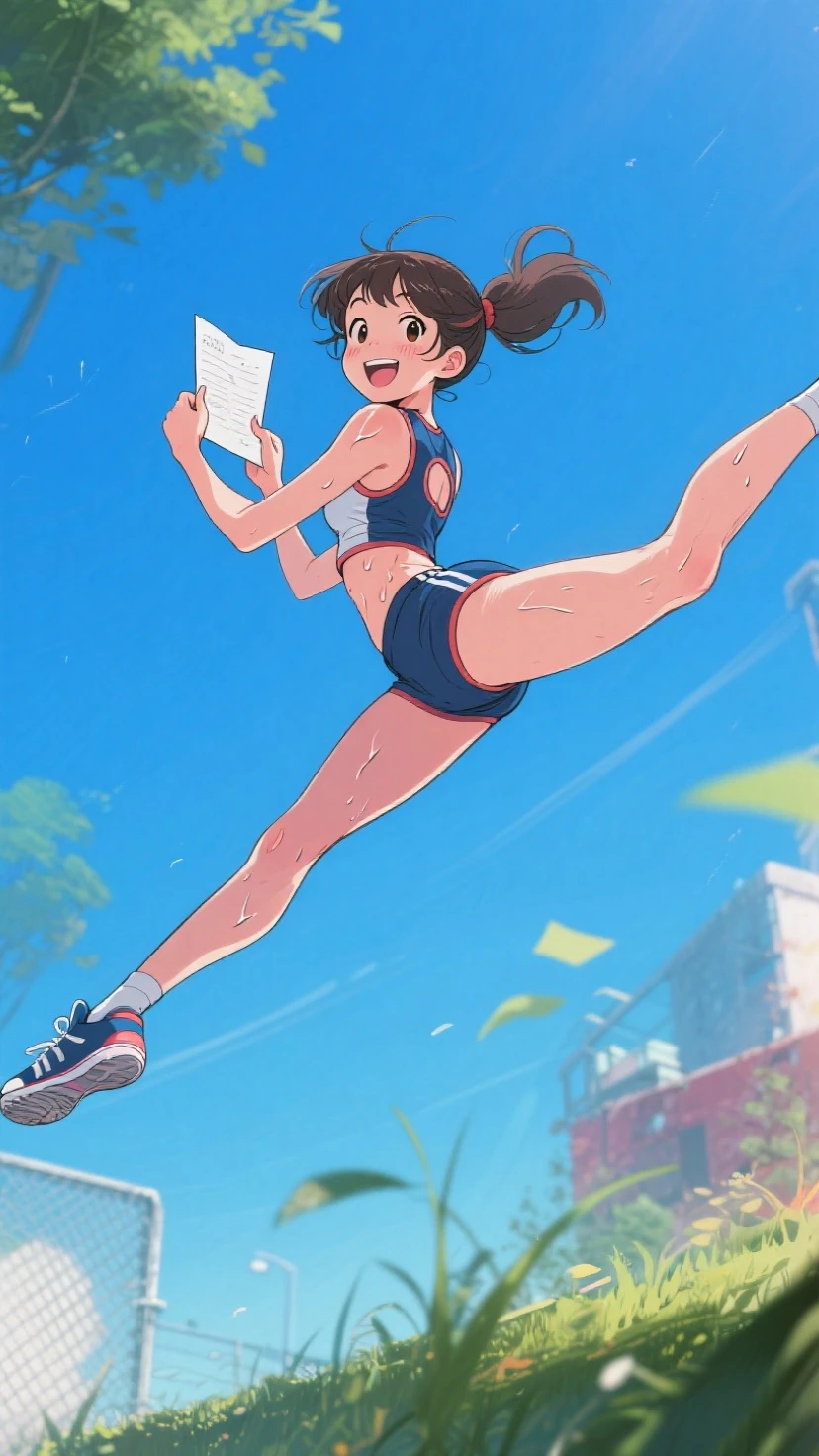 In anime, a girl with light skin, sexy, cute, leaders, long brown hair, her brown eye, wears a pink button-down blouse, shows her navel, and a short blue skirt, black shoe, she travels, flying, sky background, city.