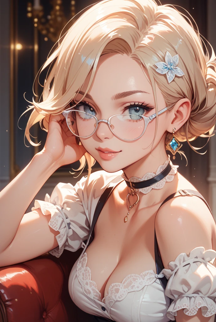 ((masterpiece)), ((best quality)), (detailed), perfect, solo, purah, gorgeous woman with no bikini top, luscious lips,short hair, perky breast, cleavage, firm breasts, sexy, (((exposed nipples))), Red irises, white hair, red rimmed glasses, golden eye goggles on head