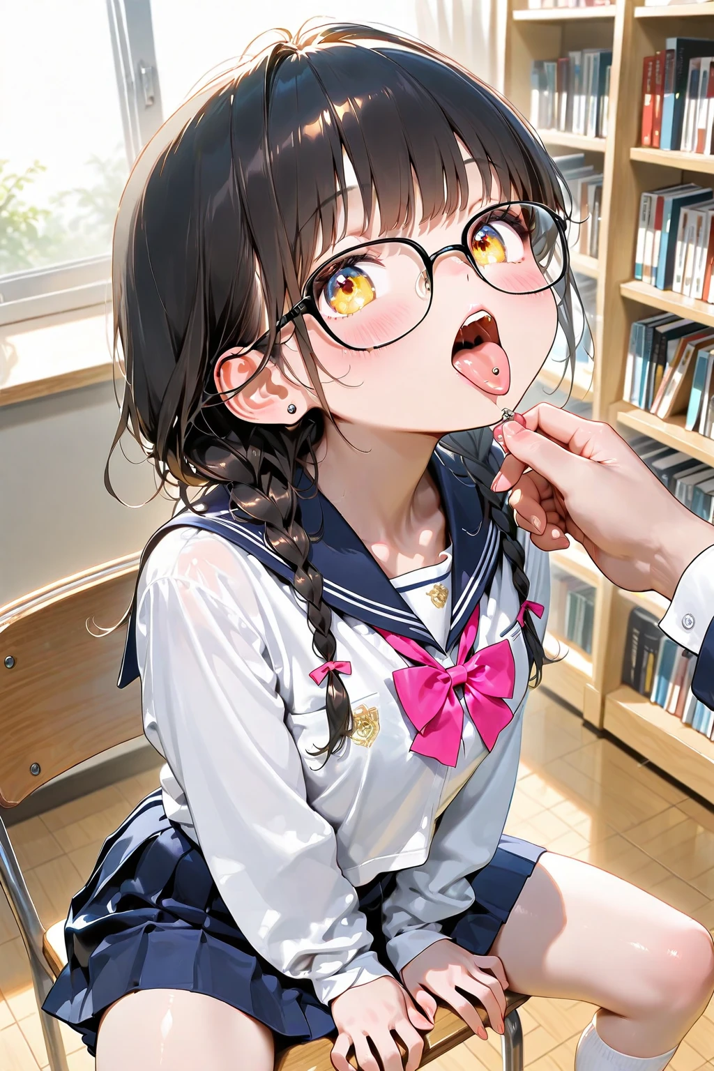 (Browsing Caution),(High resolution),(High resolution),(High resolution),(8k)、(Suspender skirt、Red ribbon、White shirt、school uniform)、Braid,Black-rimmed glasses,under the table、under the tableのフェラチオ、Blowjob under the table、、