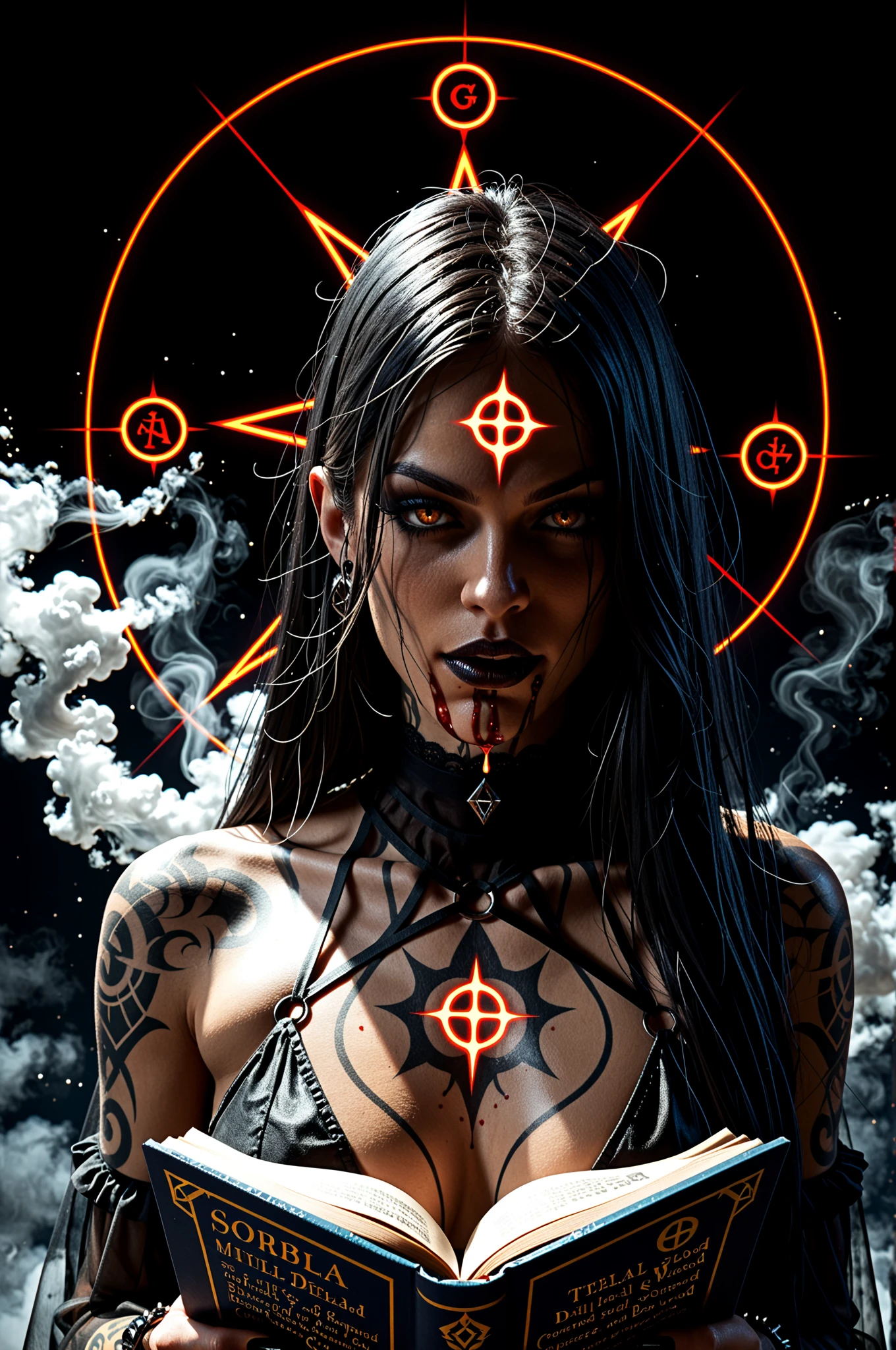 (((Emma Watxon))) A beautiful necromancer, black hair, in the style of the cover of Heavy Metal magazine, deep robe with high detail, highly detailed face, highly detailed skin, Toned athletic body, The aesthetics of heavy metal, Necromancer&#39;s Lair Background, high quality, masterpiece, realistic photo, confusingly detailed, 8 K, HDR, shallow depth of field, wide light, high contrast, Backlight, Light flashes, chromatic aberration, Sharp Focus, Color photo in RAW format, looking at the camera, cool colors, erotic pose, seductive smile