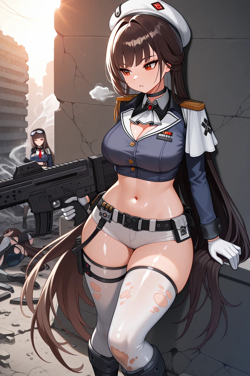 Military Uniform, Long Curly Black Hair, Breast, Military Cap, Ponytail, Bikini, Gun