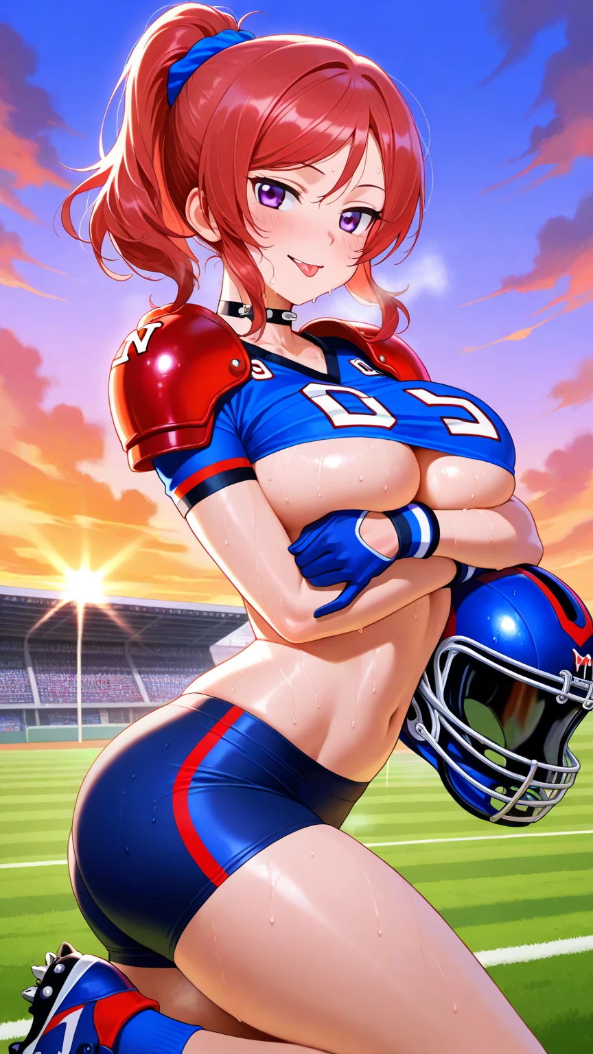 1girl, beautiful, perfect lighting, muscular, thick thighs, (gigantic breasts:1.4) mature female, milf, navel, abs, looking at viewer (masterpiece, high quality:1.1) ,baseball cap,((freckles on skin:1.1)),stadium, (((pale skin:1.3))), (orange hair), braids, (blue pinstripe short shorts), (blue pinstripe baseball shirt), skindentation, cleavage, grin, intricate background, sunset