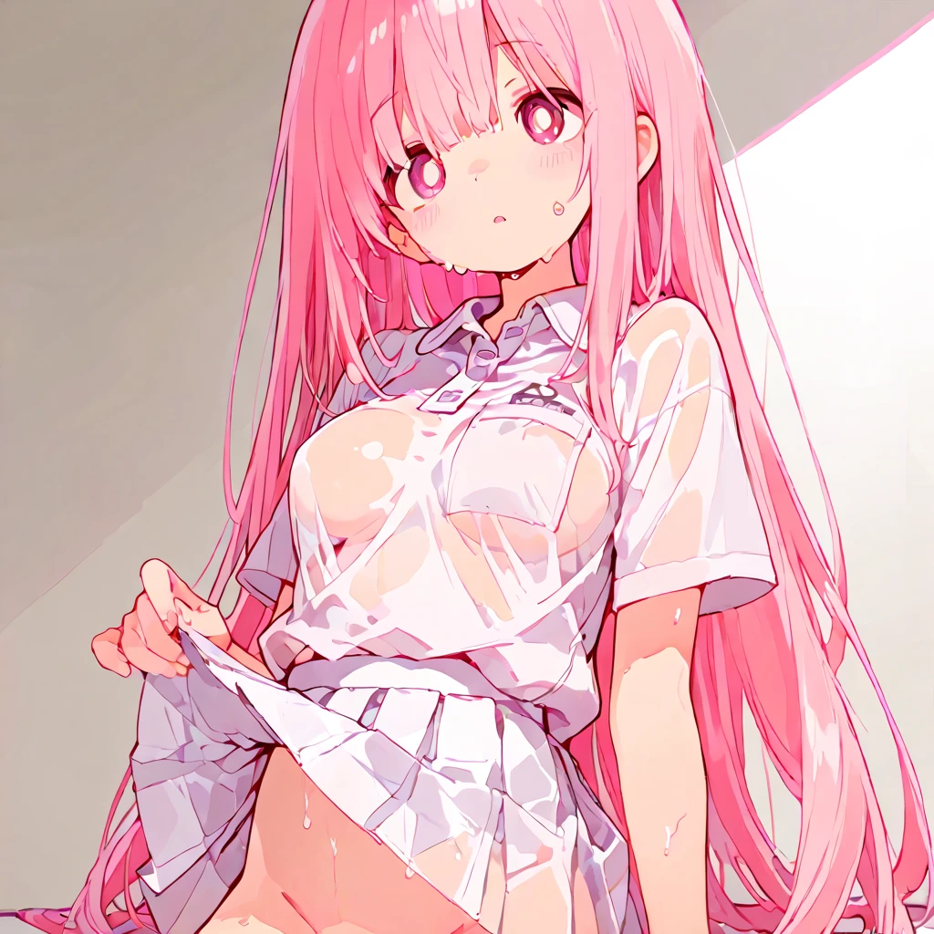 Clear painting style、beautiful girl、16 years old、Girly Hair、Pink Room、Girly Fashion、Pleated skirt、Knee socks、Highest quality, smile,Lie down with your legs spread、girly panties、Girly Bra、Sweaty crotch、Low Angle、Cowboy Shot、Put your hands on your bra、Used Condoms