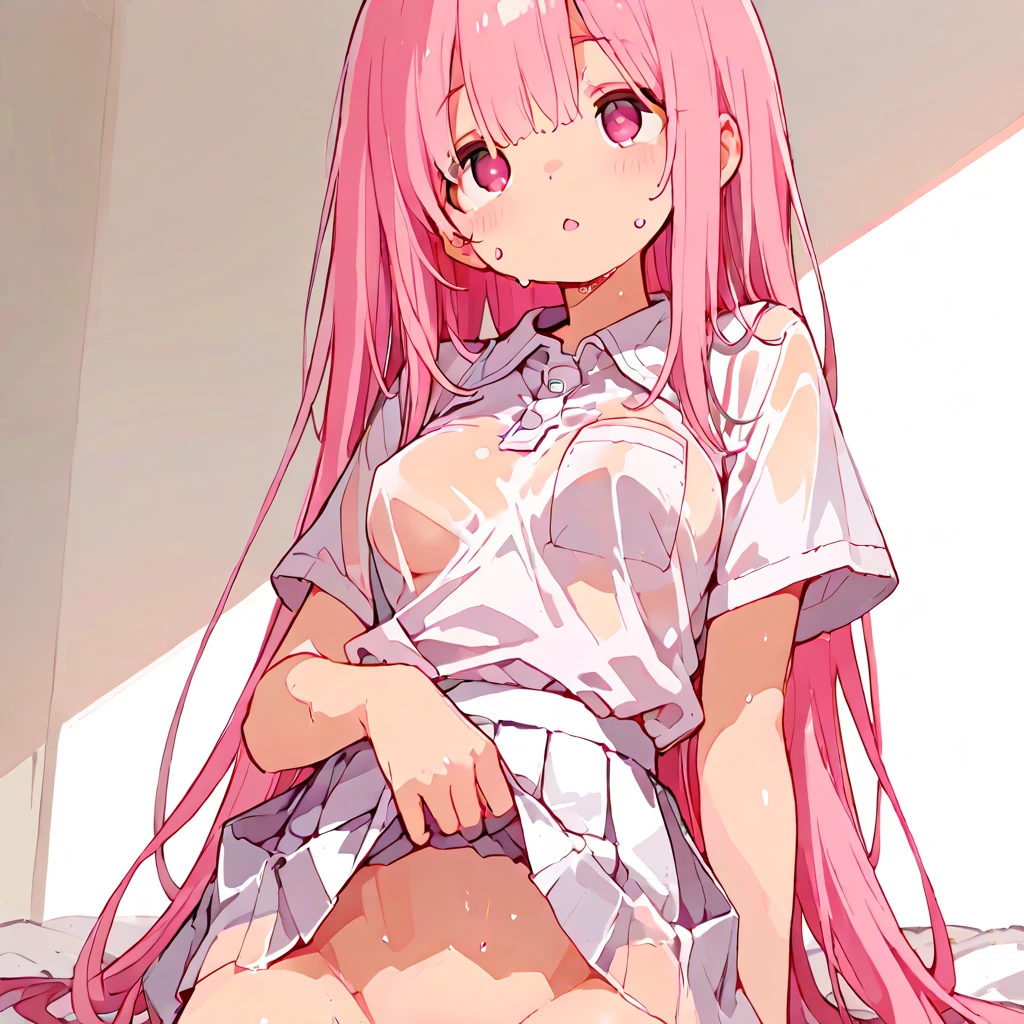 ,best quality,perfect face, shining eyes, hospital,kawaii,cute,full body, flipped short frill skirt ,rabbit ornaments, sitting,from front view,shiny skin,loli,,very long hair,pink hair,embarrassed,flashing,hands up,open shirt,bottomless,pussy,spread legs,navel