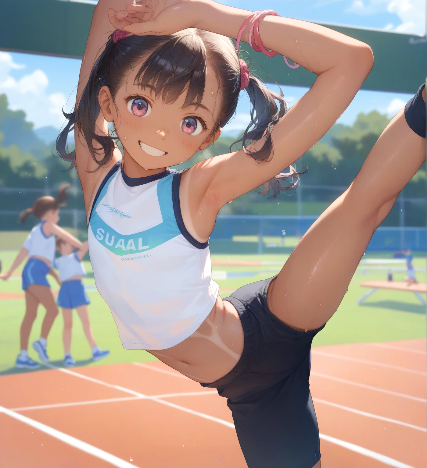 Cute little friends doing gymnastics happily in the sun --auto --s2