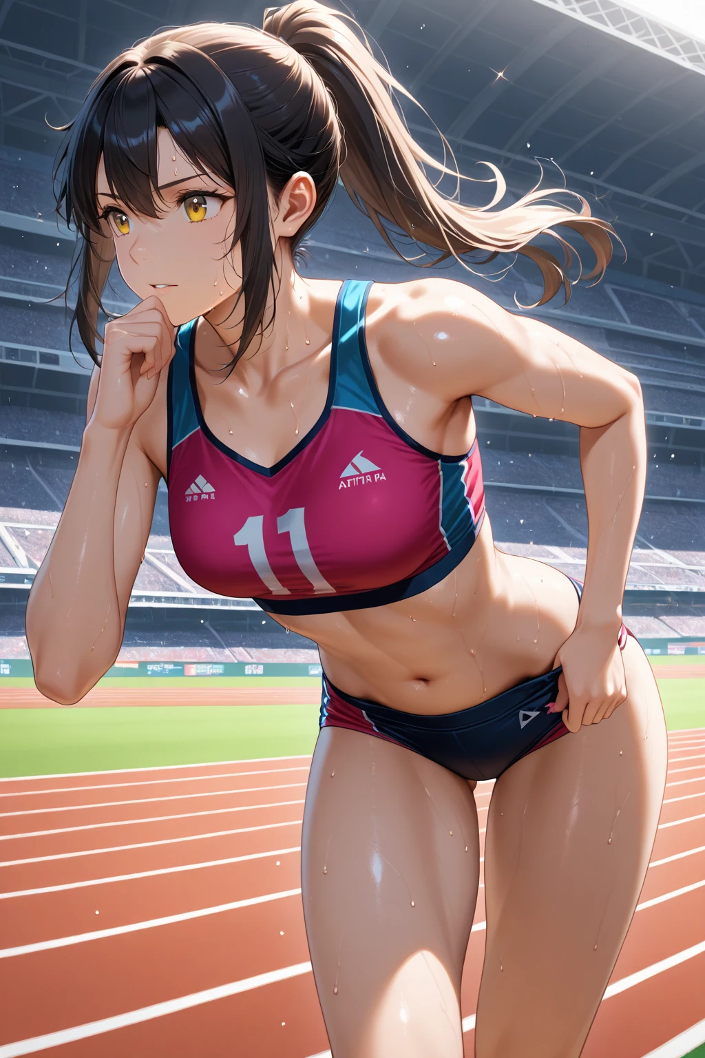(masterpiece:1.2, Highest quality,Highest quality),(Very detailed:1.3),8K,wallpaper,(Concept Art),Ultra-fine painting,Narrow your focus,(Middle-aged women),(Beautiful Face),(Shiny skin:1.2),(Japanese),(Beautiful Hands,Great hands),(sports bra for track and field:1.2),(Racing Bloomers:1.2),((Satanic attraction)),(She is standing in the athletics stadium:1.5),(Muscular:1.3),(Thick thighs:1.3),(Perfect proportions),(front:1.5),((hand,detailed,perfection,perfectionion,hands)))),((Detailed hands)),((Background Blur:1.2)),((Sweating:1.4))