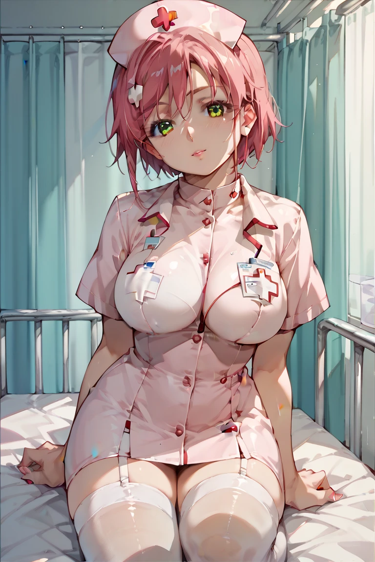 A female wearing A White Nurse Uniform,White Pantyhose,Shiny skin,(Pink short hair,curly hair,streaked hair, blunt bangs),White Nurse Headdress,Light smile,Slim body,In Prison Infirmary,Standing,Open pose,UHD, SOLO, anatomically correct, masterpiece, textured skin, high details, highres, 1080P, 16k, accurate,Cowboy Shot