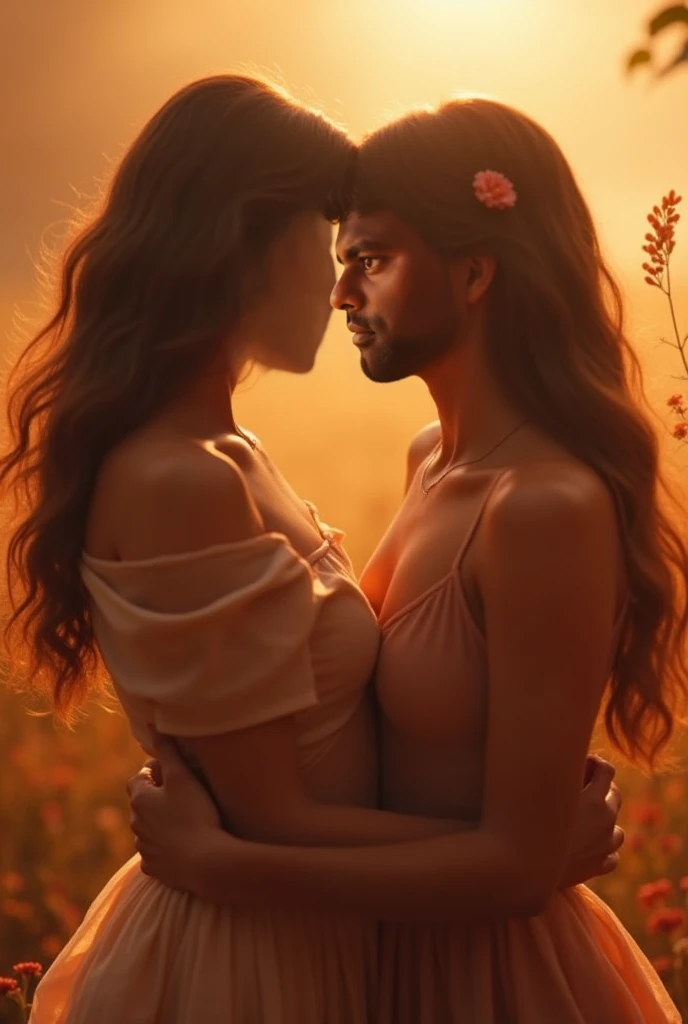 Dark-skinned man with straight hair like dark, kissing a short-haired brunette woman