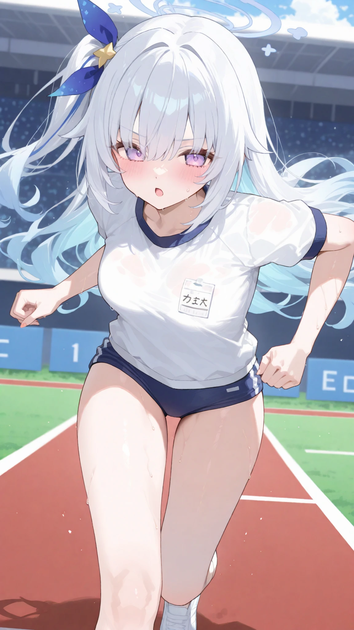 1girl, solo, very long hair, white hair, white thighhighs, navel, bare arms, twintails, independent track and field uniform, track and field uniform, hand on hip, black hair bow