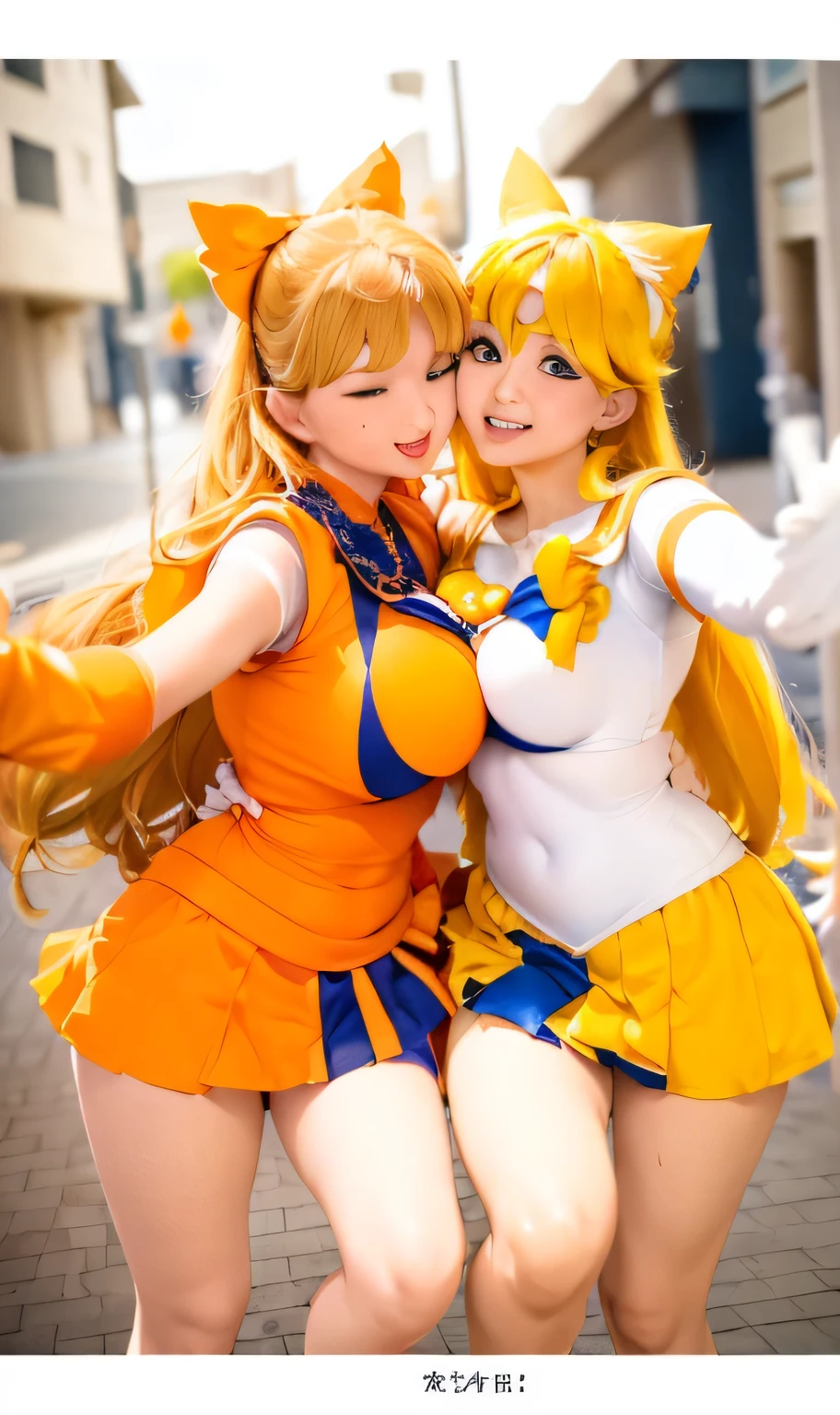Beautiful 3 girl, full body shot, (blonde hair, straight blonde hair: 1.28), clear skin, (princess peach's face and hair), pale skin, medium breasts, cleavage, (thin hips, thin waist , athletic body: 1.25), (stockings), detailed skin, smile open mouth), black and silver and orange color scheme, highly detailed)), 8k textures, soft light, elegant, highly detailed, sharp focus, soothing tones, hyperdetailed, low contrast, hdr, faded, bed, ((sailor venus outfit, long gloves, jewelry, make-up, glowing red eyes, smile, open mouth, pleated skirt, Bosque, leotard, pleated skirt, bow on chest, knee high stockings)) realistic, side by side, skirtlift by self