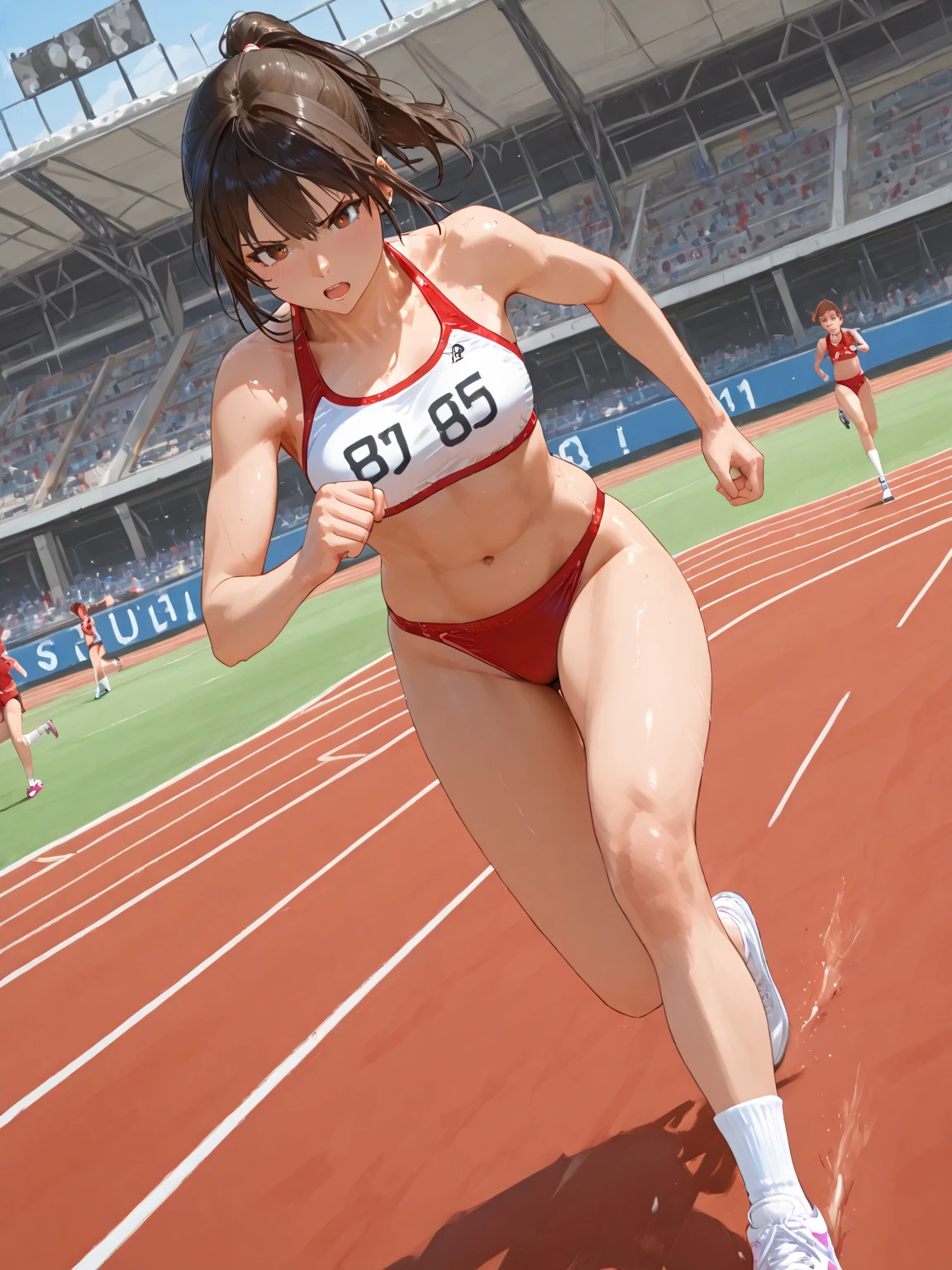 (super flat, flat shading), Honors Type, Really blushing, 17 years old, high school girl, wearing training bikini wear, cameltoe:1.5, ponytail brown hair, Glasses, sweaty healthy body, mesugaki smile, bare legs, ultra realistic, early morning, breeze, (Win a sprint), peace sign, in crowded track and field, 