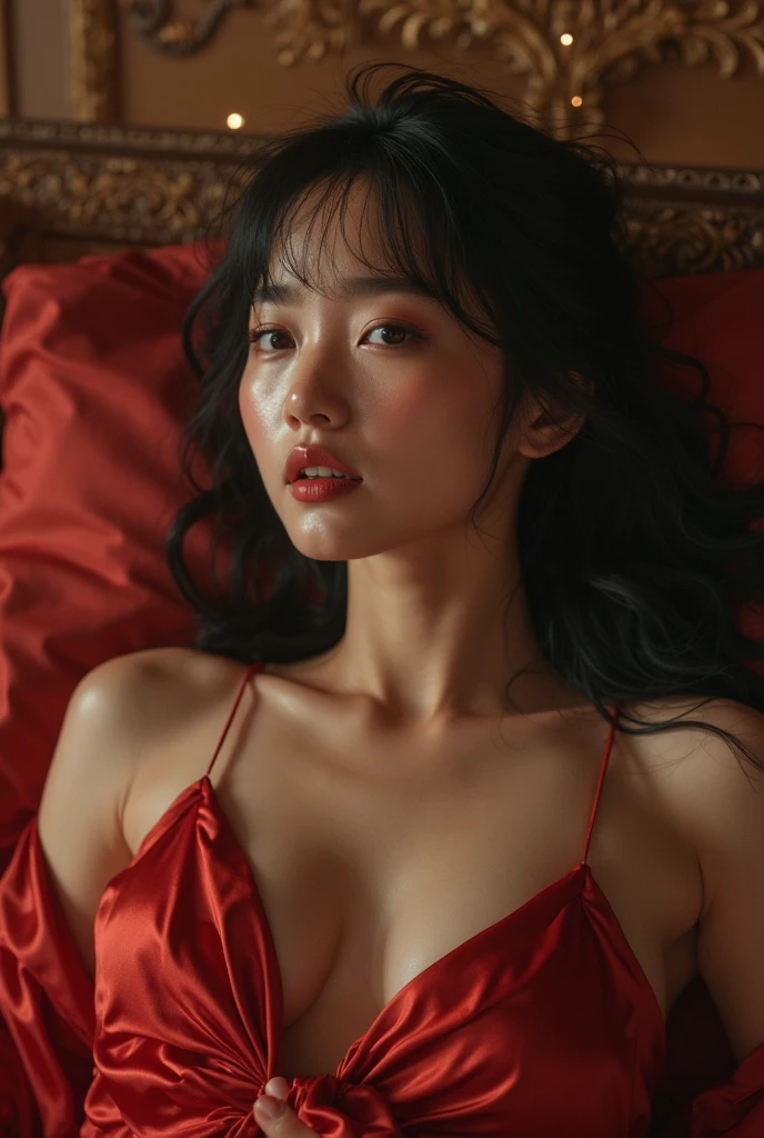 (Best quality, 8k, 32k, Masterpiece, UHD:1.3),Photo of glamorous Japanese woman, 1girl, ((big breasts :1.5)), (abs, slender figure, perfect body :1.2), medium-short hair bun: 1.1, ( red erotic dress: 1.1), (indoor, night :1.2), lay down on bed, ultra-detailed face, detailed lips, detailed eyes, double eyelid, satomi Ishihara