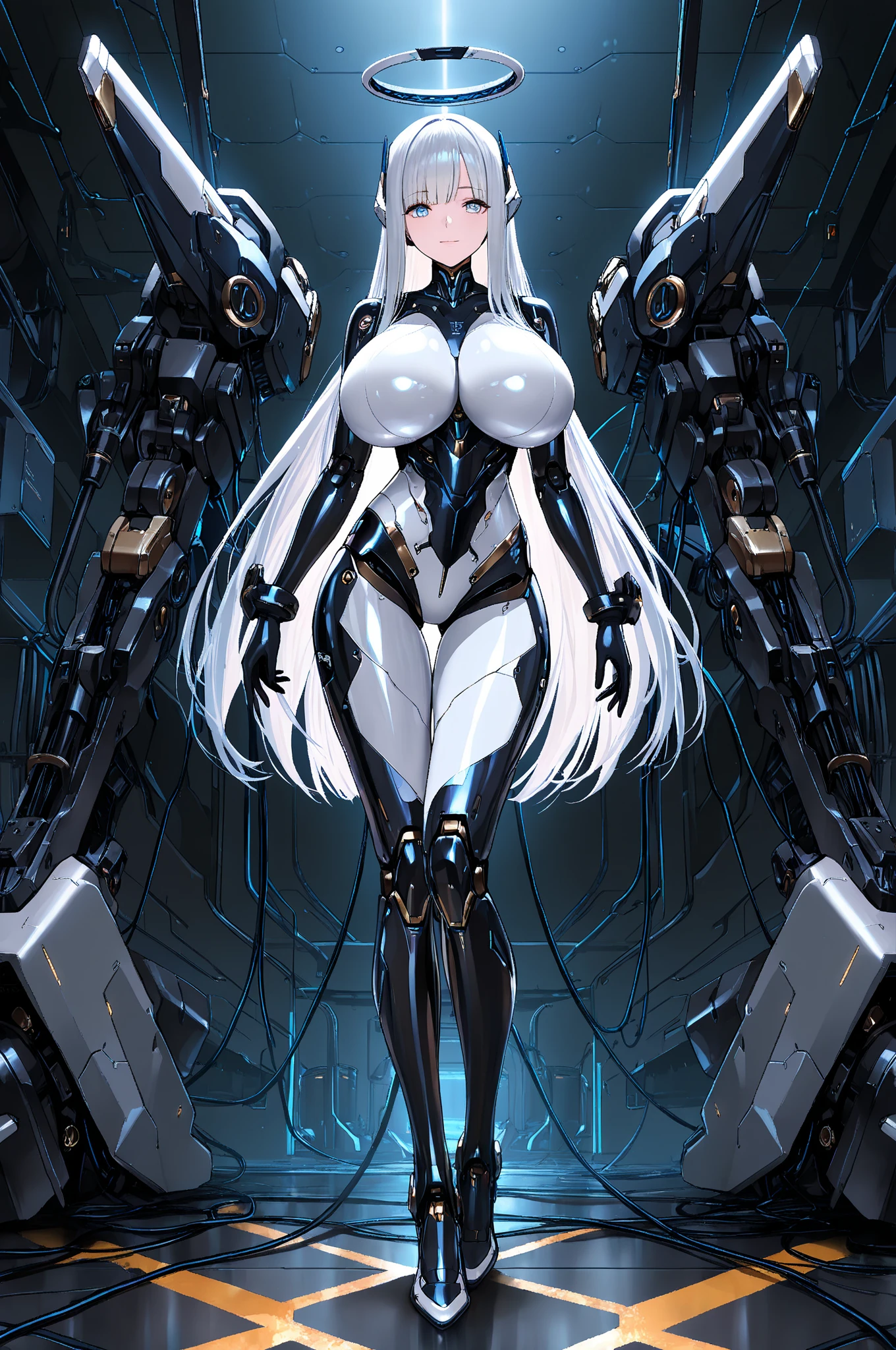 Beautiful Face,face is Japan, 1 Woman, Big, Curvaceous, (16k, RAW photo, top quality, masterpiece: 1.2), (HDR, Realistic, Photorealistic: 1.37) (tube attached to the body), (Bikini Cyborg robot parts)))), (light gray hair), Long hair, Wavy hair, Twin tails, Medium shot, ( Seductive smile)), (black eyes), princess cut,from below,(whole body),posing,,in the lab,( tube connected to blood vessel),((mechanical vertebrae attached to the back)),((mechanical neck attached to the neck)),(wire cable attached to the head and body),(character focus),science fiction,perfect female figure,perfect anatomy,ultraanatomy, Full body shot, up to 4 fingers and 1 thumb relationship,
