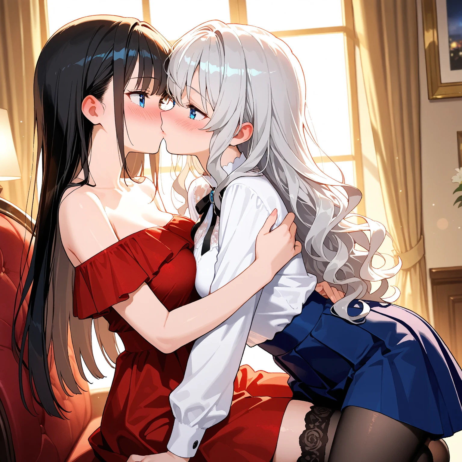 bed, long hair, heterochromia,bunny girl, bunnysuit, big ??????, kissing a man