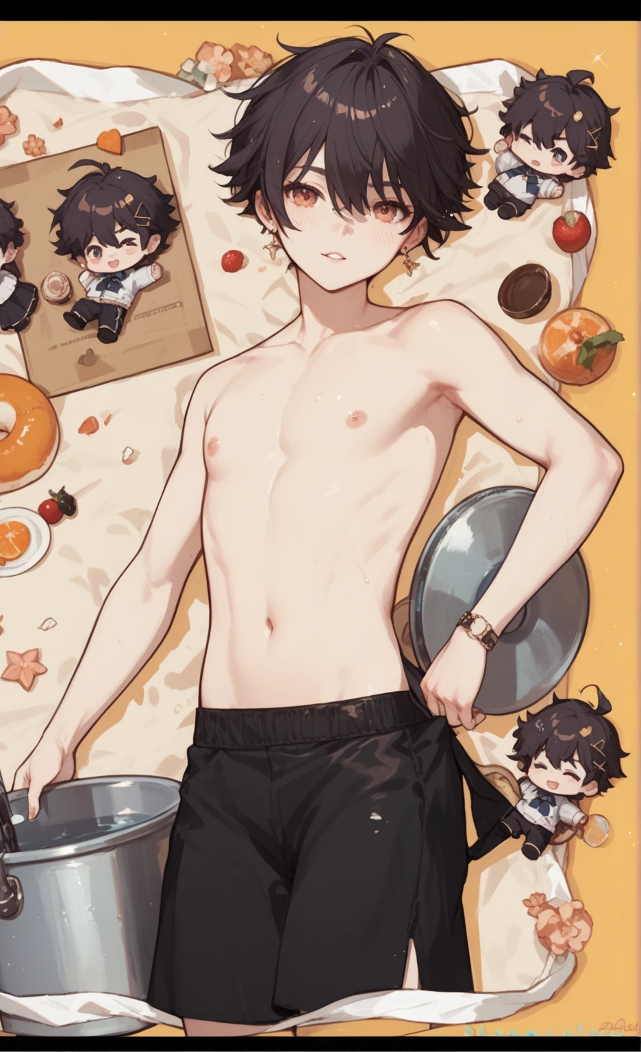 Highres, Masterpiece, Best quality at best,Best Quality,hight quality, hight detailed, 1boy, boy, Shota, Cat ear, Slim body, Nyotaimori, table full of food, On table, (Food on his body), (very young boy), Underwear, 12-year-old boys, armpit, hansome, Sweat