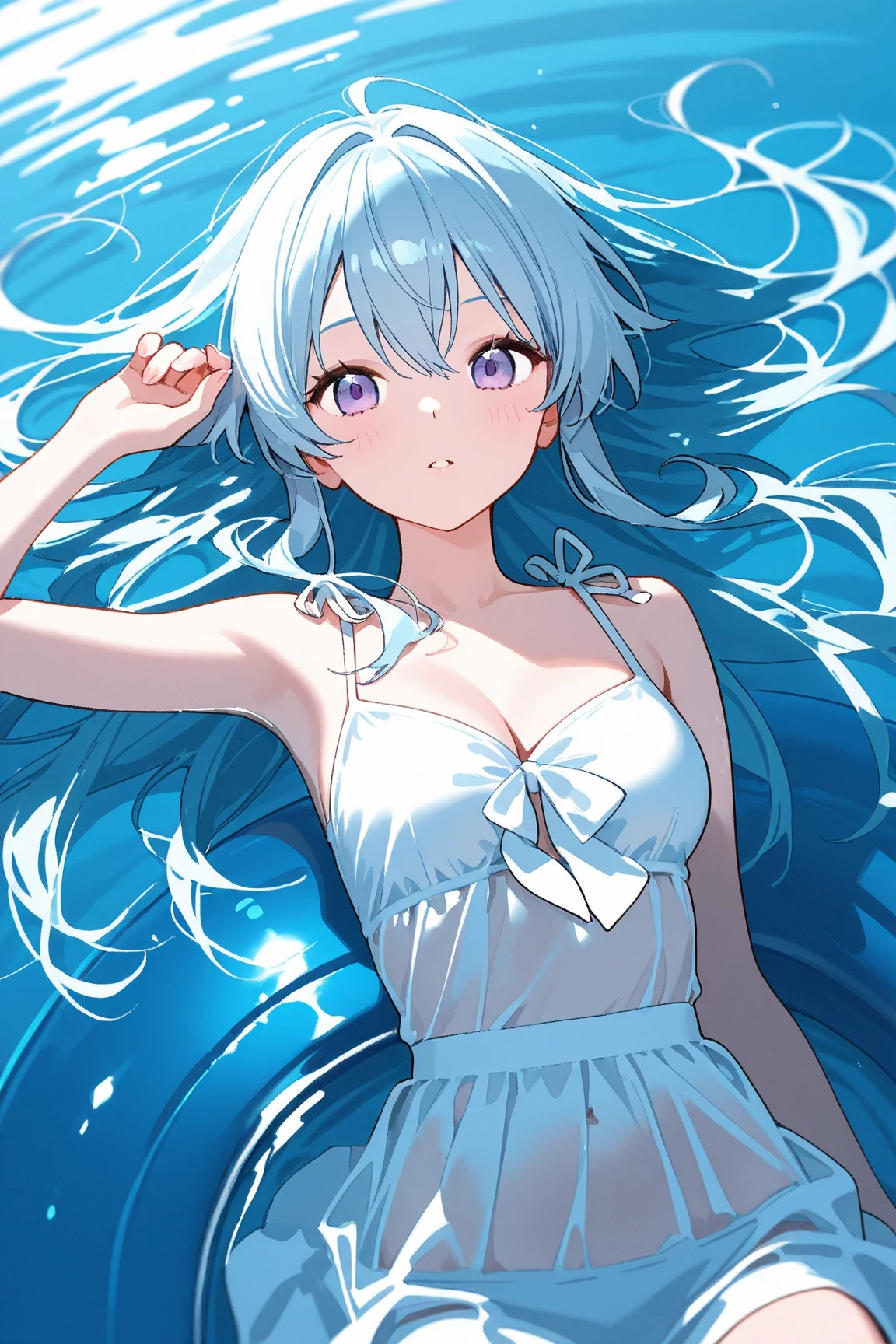 masterpiece, best quality, illustration, bikini, sit, (full body), show panties, sax blue, platinum earrings, platinum necklace, white dress, 1girl, cute, (dynamic lighting:1.2), cinematic lighting, delicate facial features, detailed eyes, sharp pupils, realistic pupils, depth of field, bokeh, sharp focus, (hyper-detailed, bloom, glow:1.4), many small gems, She is wearing a water blue long dress, which is exquisite and gorgeous. The skirt has small pendants in the shape of water droplets made of various gemstones