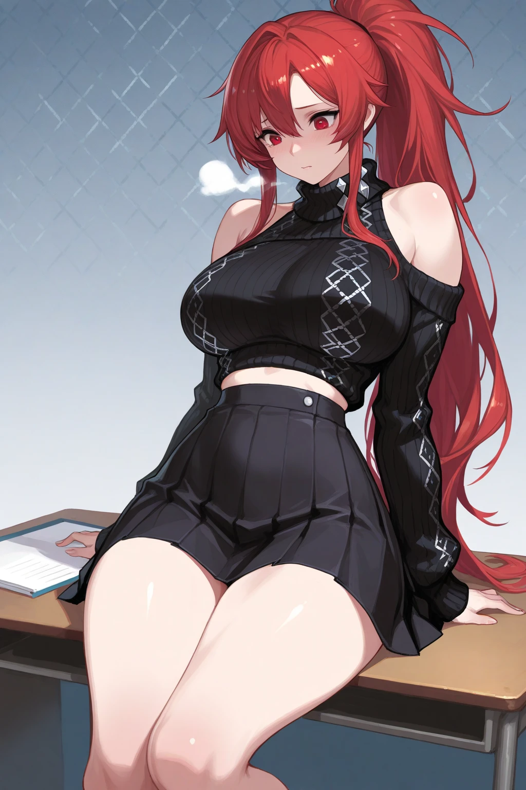 Red hair ponytail、Yellow Eyes、High school girls、A wet, see-through black tank top and black leggings、Gym、Big Breasts、Grin、Sweat:1.5