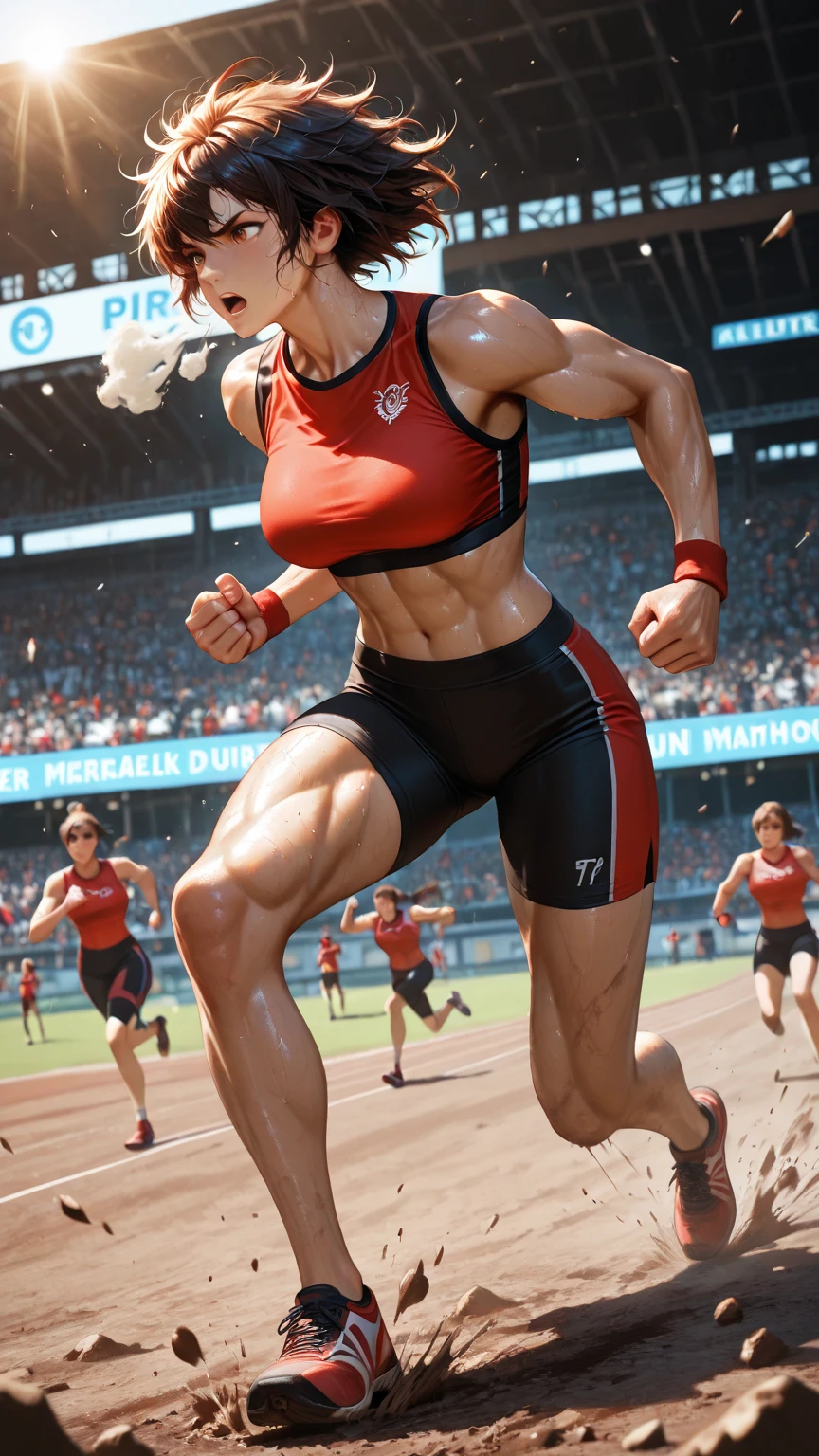 A high-jump athlete in mid-air,sports editorial photography,dramatic lighting,high-speed motion blur,detailed muscles and physique,dynamic pose,sweeping athletic movement,(best quality,4k,8k,highres,masterpiece:1.2),ultra-detailed,(realistic,photorealistic,photo-realistic:1.37),HDR,studio lighting,physically-based rendering,extreme detail description,vivid colors,professional sports photography