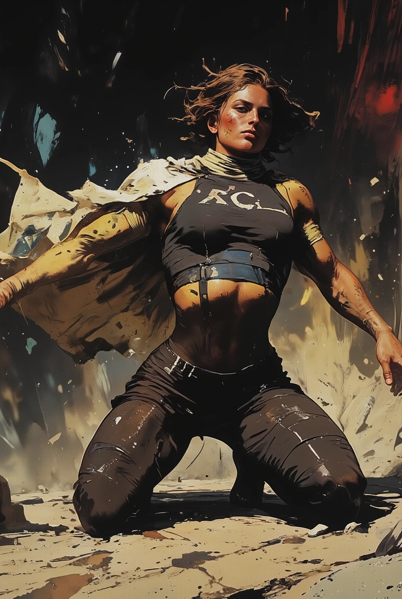 m10,style 0, muscular woman in athletic uniform, juicy, saturated black colors, sports victory, triumphant, fluttering translucent cape-flag, bending, active kneeling position