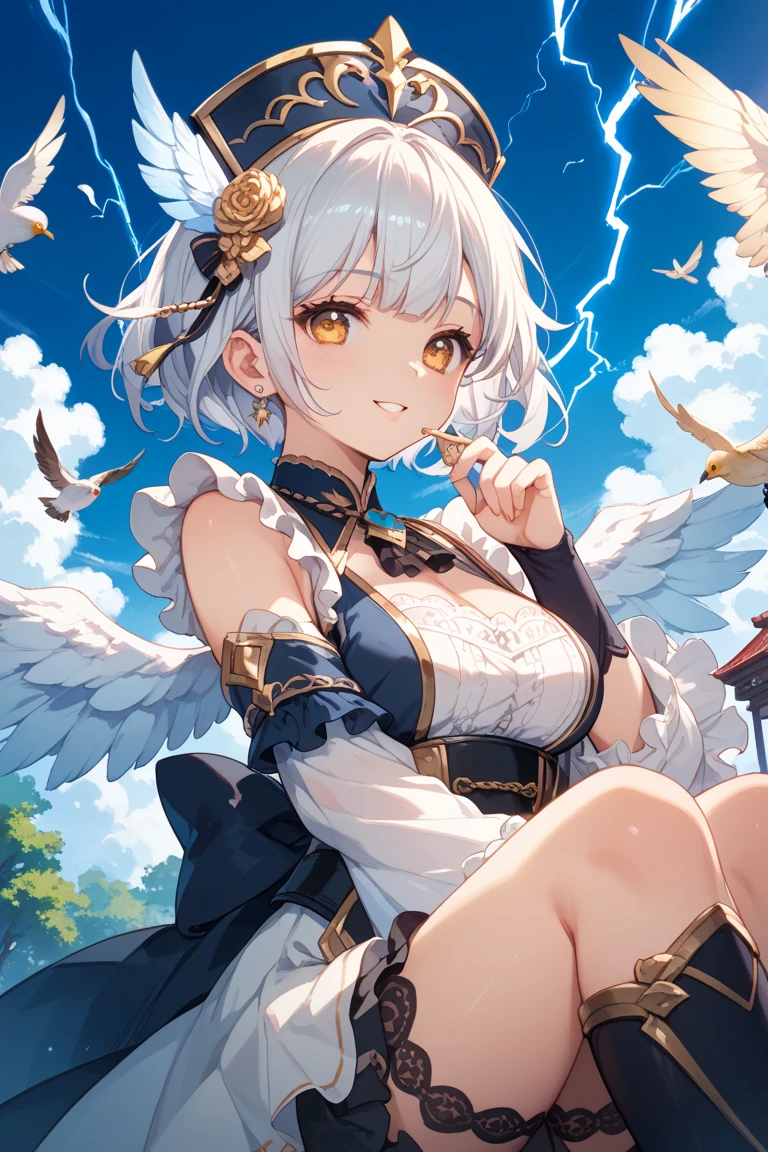 ((focus on the face)),NSFW, ((Cute symmetrical face)),8k, highest quality, photo realistic, Highly detailed 8k wallpaper,、((Biologically correct limbs、number of fingerasterpiece:1.2, highest quality), (realistic, photorealistic:1.4), beautiful illustrations, (natural side lighting, movie lighting), girl,blue-silver hair, 25 years old, perfect face, perfect body, shiny skin, beautiful hair, beautiful face, beautiful eyes, 緻密でbeautiful eyes, beautiful body, beautiful breasts, beautiful arms、((beautiful thin legs)), (small butt、Narrow thighs),blush,、 (High heels of the same color on the left and right、anklet), (upward glance、cute smile), (shirt、corset、pencil skirt)、bra、toe stockings、garter belt)、detailed facial depiction、big, kind eyes、(The background is a sunflower field、outdoors)、Crouching figure、Bewitching,、(Photographed from an angle)、