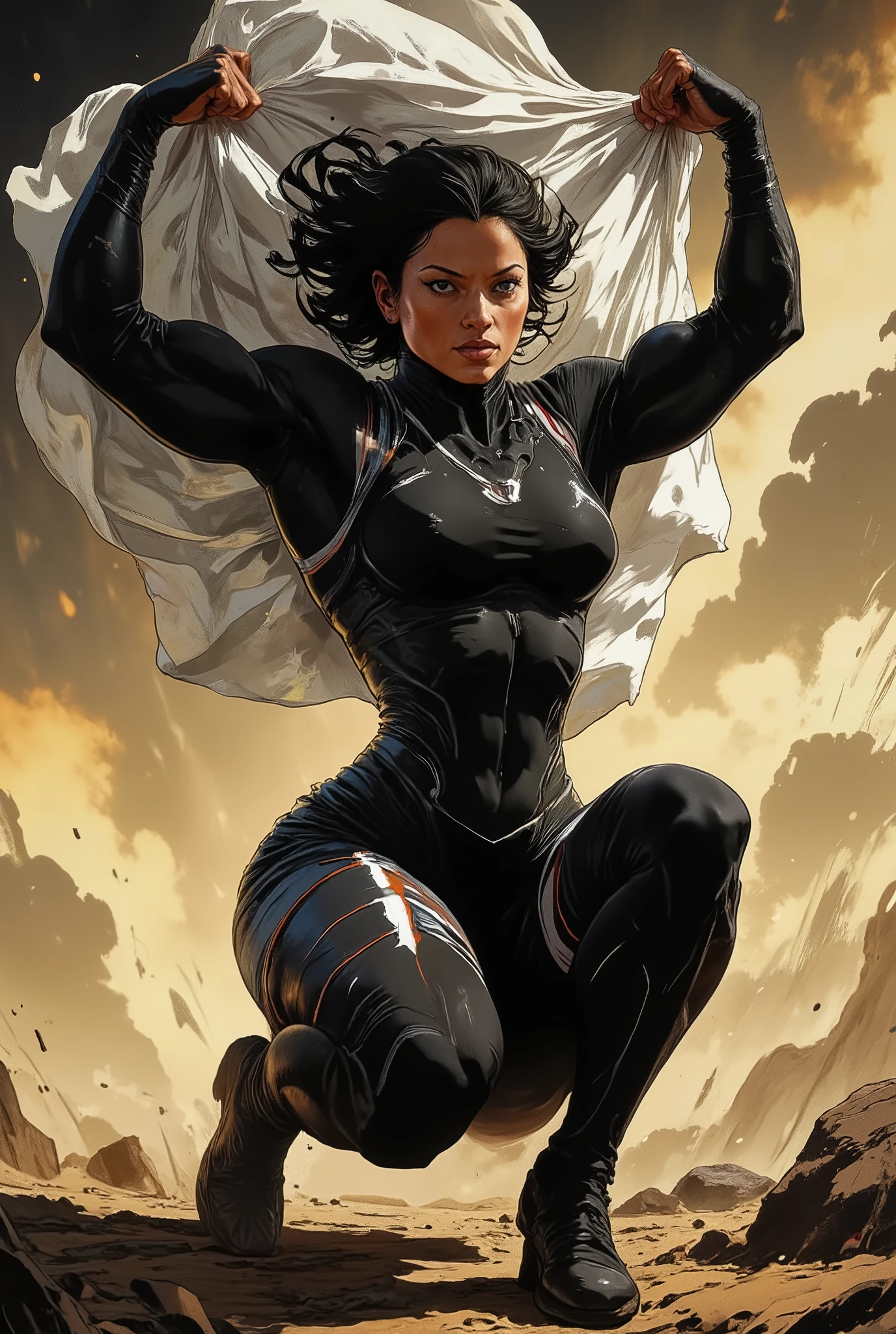 m10,style 0, muscular woman in athletic uniform, juicy, saturated black colors, sports victory, triumphant, fluttering translucent cape-flag, bending, active kneeling position