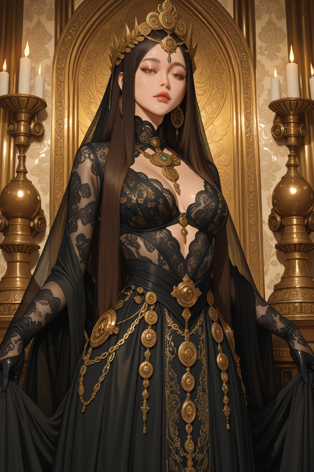 (Ultra high resolution, 8K RAW photo, photo realistic, thin outline), (cinematic lighting, textile shading), (nun hijab with gold accessories:1.3, gold cross ornaments), (huge breast, sagging breast, big , breast cleavage), 1girl, ((mature woman, milf:1.2)), 20 years old, (breast curtain:1.3, long tight skirts with side slit), matured Saint praying in front of altar in church, hands on together in front of your chest, kneeling, full bodyesbian, wearing religious uniform, blush, in heat, shamed, looking at viewers, black hair, at night, Clothes that show the lines of the body, (dynamic angle, from center below), spiritual, black face mask