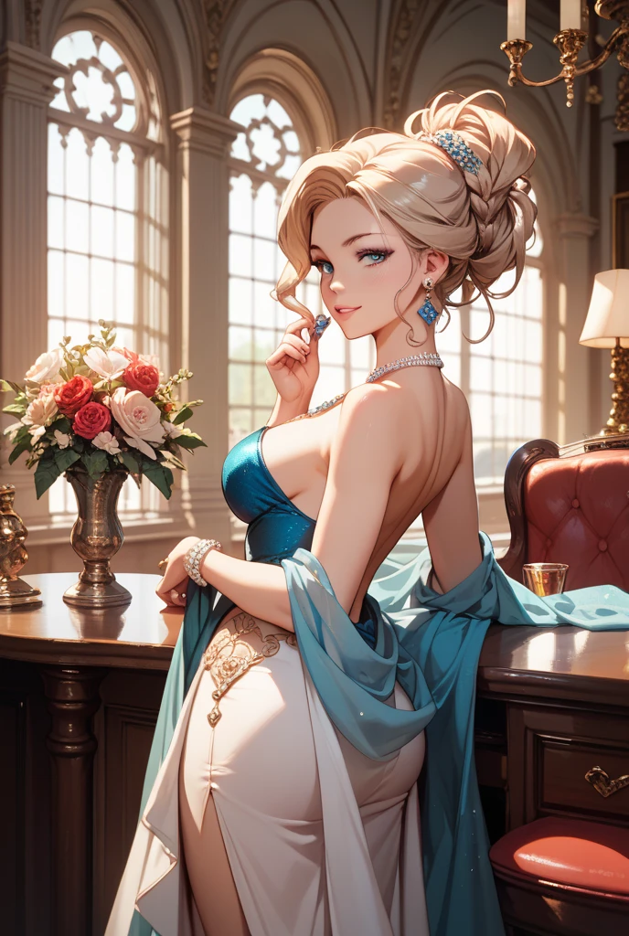 (Blonde stunning hair), (blue eyes), blue necklace, Golden earrings, Fit, Gorgeous Body, gorgeous, brown eyebrows, (two moles over lip), big pupils, (23 years old), 1girl,solo, complex skin, warm light, (large breasts), wide thighs, round butt, 5 fingers, ((blushing)), ((detailed face, best quality)), (masterpiece)), ((ultra-detailed)), (beautiful detailed eyes), red lip, eyeshadow, beautiful face, long hair, very detailed eyes, intricate details in eyes, perfect lips, good lighting, hot clothes, cleavage, ((we can see them from feet to head)), correct anatomy
