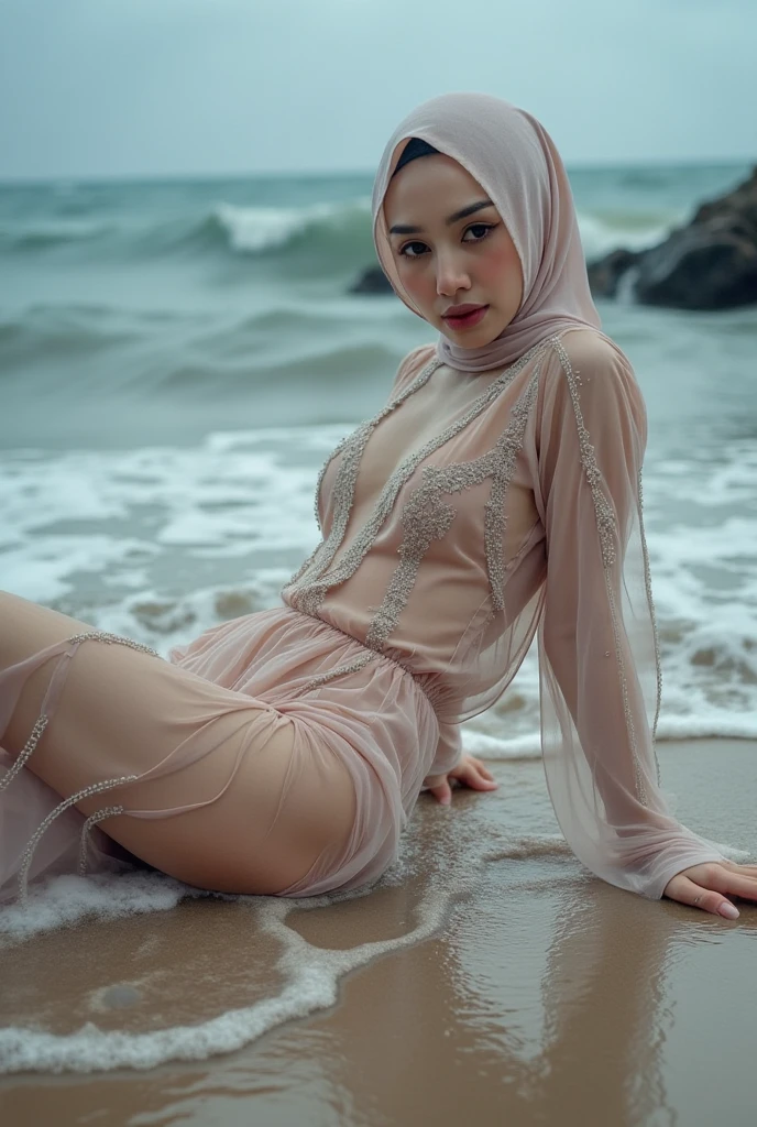 (half bodies), (((SHORT HIJAB MALAY GIRL))), masutepiece, High quality, UHD 32K, Realistic face, Realistic skin feeling , A Malay Lady, 8 years old, , Very cute and baby-like face, (((medium breast),(((dark nipple))), looking front (((nude))), (MATRIX WORLD), ((looking up and open mouth)), (((real white wet slimy face))), closed eye (((CUTE GIRL))), ((BLACK LIPS)), ((wet face)), (to the kneel). sweating body, at beach