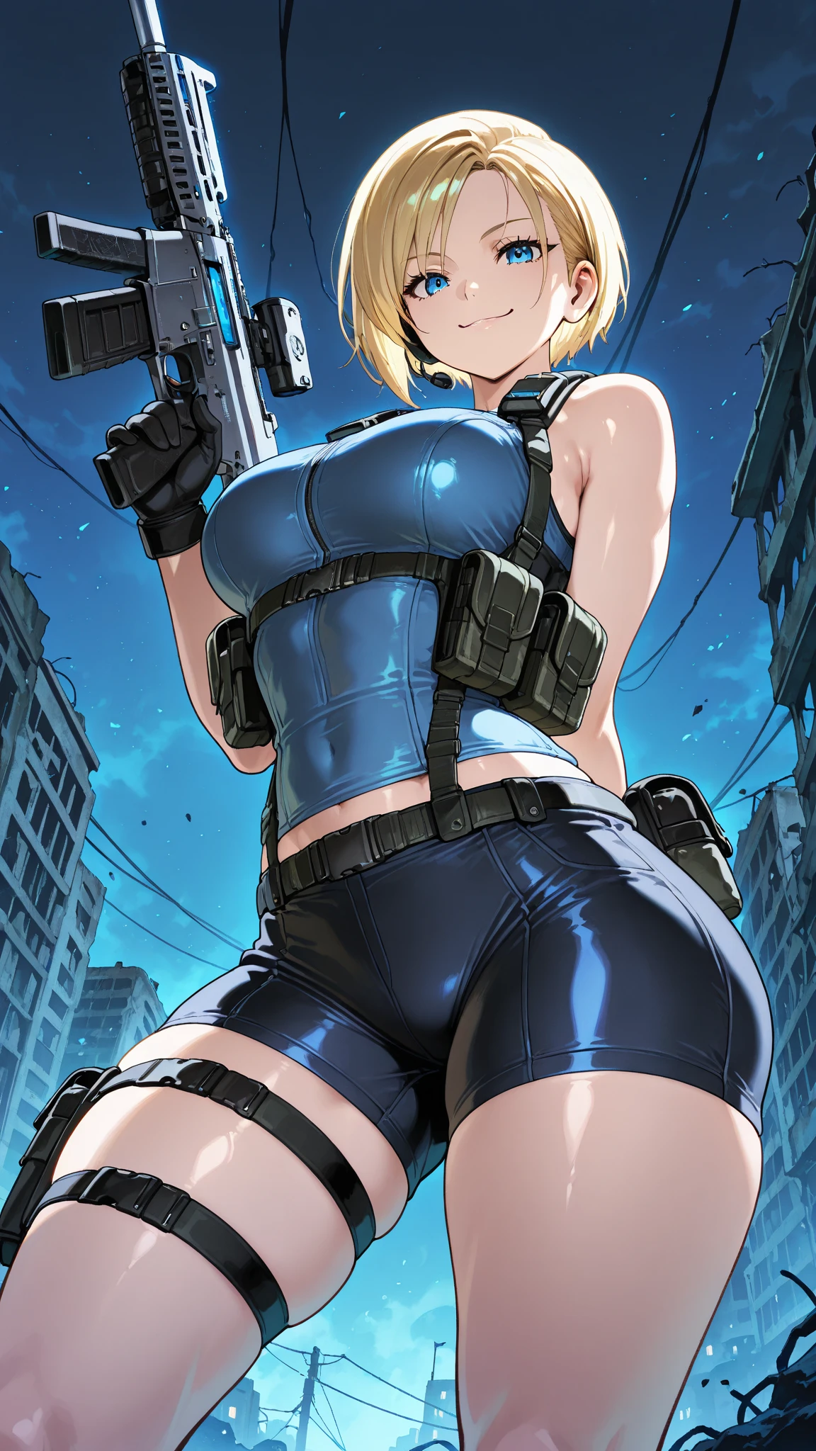 Imperial Guard Combat Uniform Swimsuit, o-ring bikini, v gundam, swimsuit, absurdres, highres, solo, cowboy shot, 1girl, neneka nibrou \(cosplay\), wristband, headphone, holster, backpack, holding gun, aiming, perfect hands, wind, (highres,best_quality,masterpiece), large breast, huge breast, ryune, blonde_hair, blue eyes, blue_headband, (((lying down on bed, bed, lying down)))