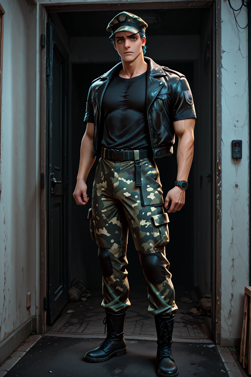 (Masterpiece), Best quality, expressive eyes, perfect face, slim, photo realistic, bondage and BSDM style, a handsome young Latino, short hair, shirtless, in six-pack, wearing tight blue camouflage pants, (black boots) (military boots), steel harness, tied with ropes, by the arms and around the neck, hanging from the ceiling of a house.