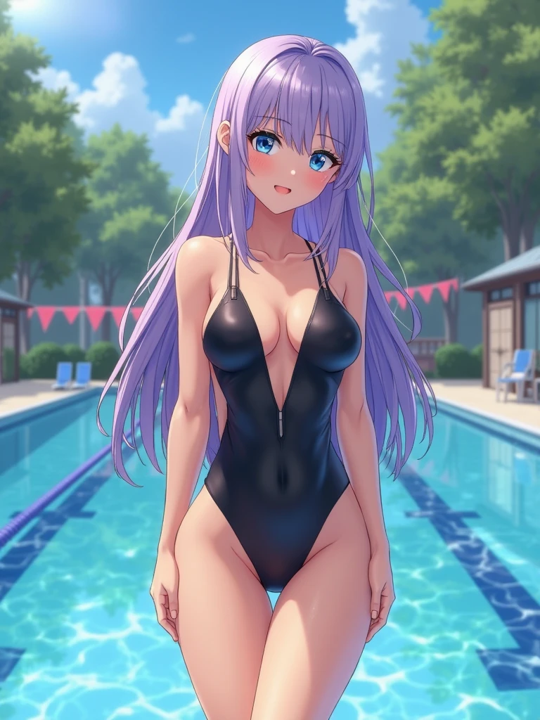 furry girl, floppy rabbit, lilac hair, long bangs, long ponytail, anime style, medium breasts, purple eyes, ((straw hat, pink jacket, open clothes, black bikini)), high quality, detailed body, detailed eyes, detailed face, masterpiece, glistening body, detailed body fur, best quality, two tone body fur, purple body fur, clear purple body fur, skinny, floppy rabbit ears, perfect lighting, perfect shadows, perfect eyes, perfect hair, perfect face, gorgeous body, solo, :3, sitting, pool, clear sky,