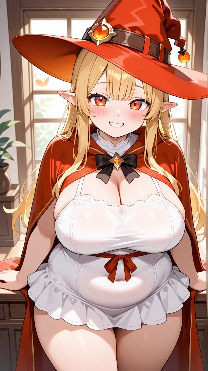 16K, HD, Highly Detailed, Professional, ((High Quality)), ((Masterpiece: 0.3)), Shampoo_(Ranma1/2), Close up, ((anatomically correct)), 1 girl, (Demon_horns), Fair skin, Voluptuous, Sexy, Busty, Curvy waist, Enormous nipples, (Long detailed cloak: 0.5), (((Very detailed (floral pattern) long black (floral) revealing elagant gothic dress with {frills} and long puffy sleeves))), Expressions, alluring_stare, (Long Orange hair), Red eyes, Long elf ears, Highly detailed face, Highly Detailed Lips, Detailed Eyes, Female_demoness, (Simple shading, Vibrant colors, Thick lineart), ((Night)), {{{Dark lighting}}} ((Standing in a dense foresty area with clouds and a moon over head: 1.5)) (Soft light coming off of moon: 1.5), AGGA_ST009