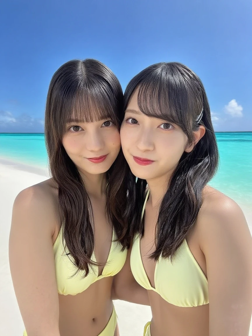 Two women taking a photo,Travel abroad,looking at the camera,smile,Beach,Clear skies,Great fun,Make noise,(Highest quality:1.4),(masterpiece:1.4),(Realistic:1.4),(Realistic:1.2),(超High resolution, RAW Photos:1.4),(High resolution, Super detailed:1.2),(8K:1.2)