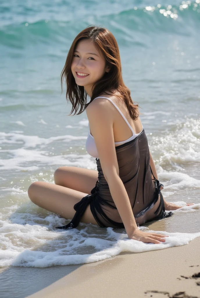 Top Quality, Soft Light, (Depth of Field), Ultra High Resolution, (Photorealistic: 1.4), RAW Photo, (Portrait: 1.4), (Frontal)
1 Japan girls, solo, cute, (shy, smile:1.1), (brown eyes), beautiful face, white lingerie, full body, sea, beach, black hair short, wet body, open legs