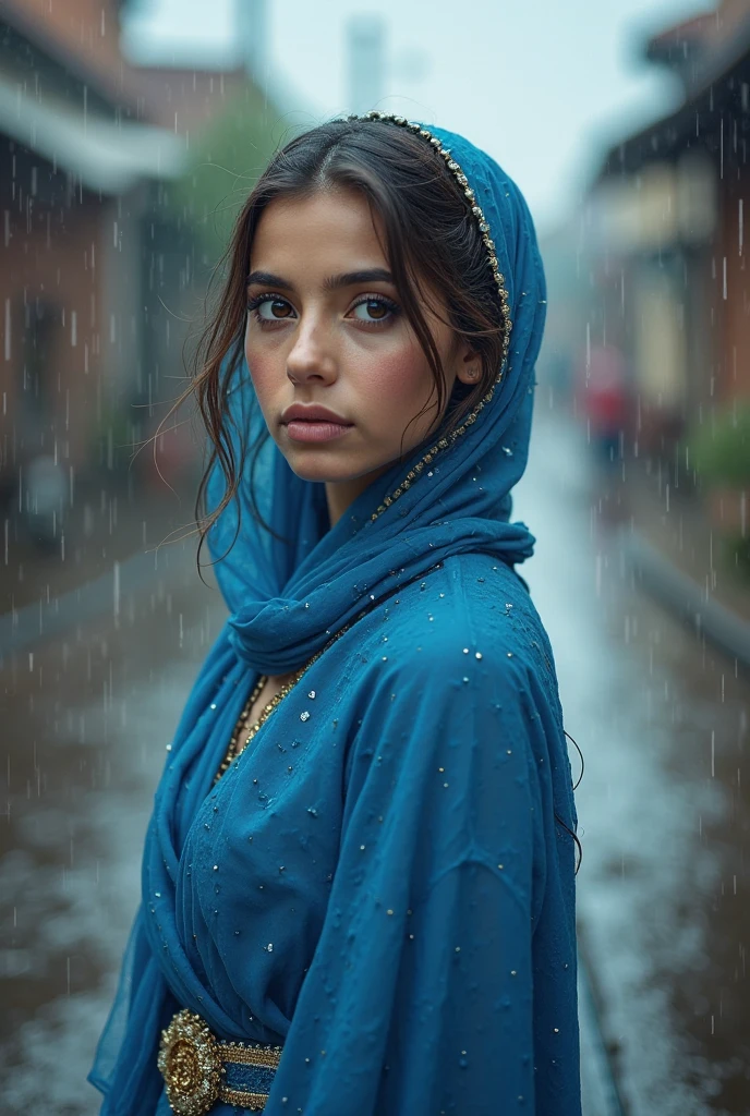 Masterpiece, top, very realistic, very detailed, original photo, a beautiful woman wearing a bright colored striped hijab, wearing a modern bright robe is sitting with her hands covering her ears facing the viewer. There is a dynamic splash of water that circles the person's head very realistically, creating a halo effect that is eye-catching and visually striking. The setting is dark, highlighting the contrast between the subject and the splashing water. Very detailed description