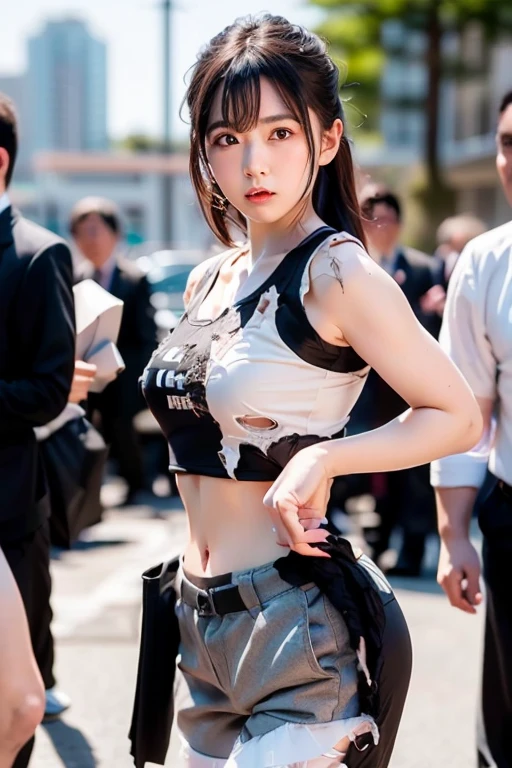 Big, big breasts, tattered little white tank top, no bra, (black miniskirt: 1.15), (suspenders: 1.2), thick leather gloves, solo, woman, (pyoapple v1:1.05), pio apple, (parted lips, light smile), (shiny skin: 1.1), blush, (bangs)), long hair, clenched fists, duke, fighting pose, skindentation, ( (slim slender body)), (long legs), model figure, highest quality, ultra high resolution, (photorealistic), (detailed face and eyes), industrial slam cyberpunk dystopia background