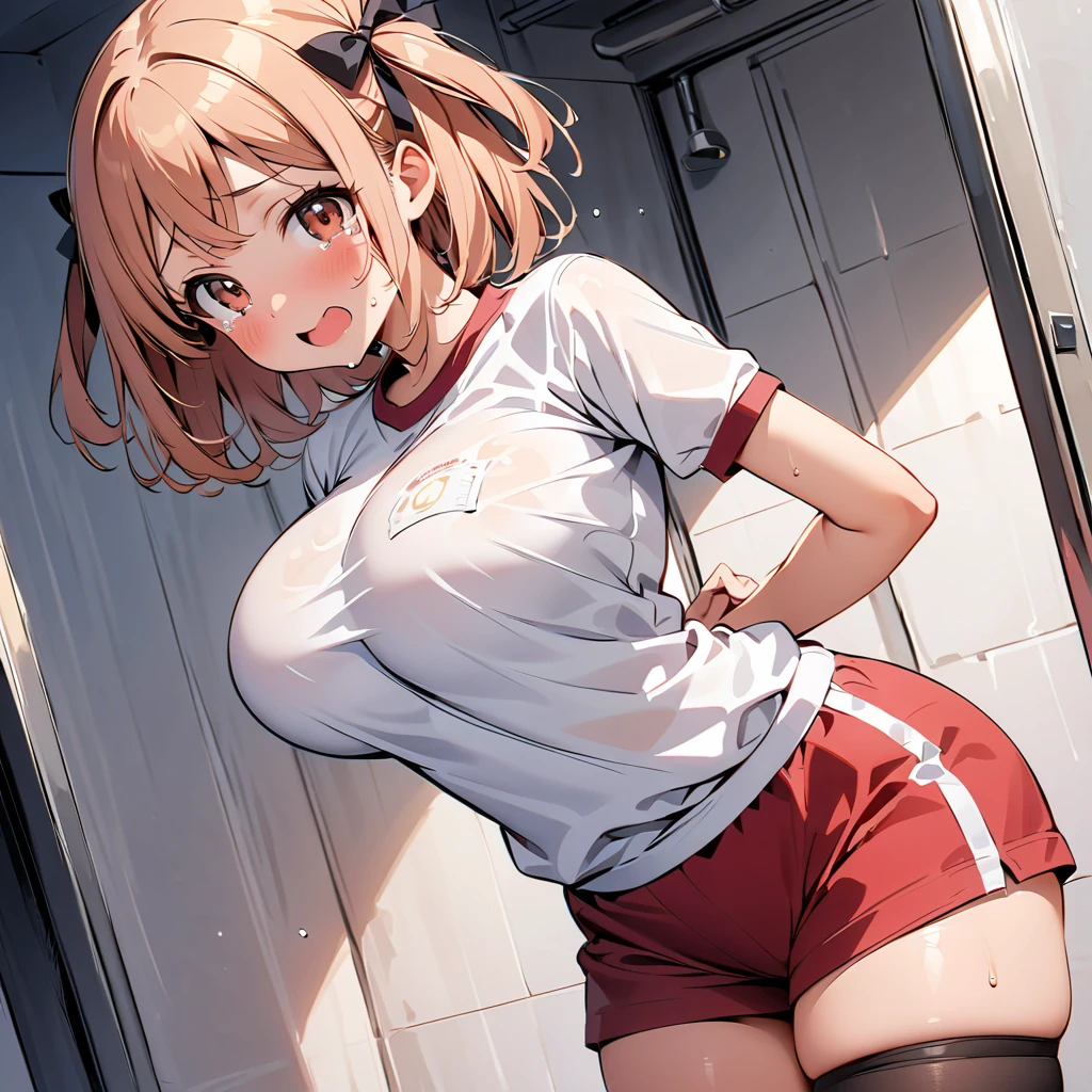 1 girl,gym_uniform,White,White shirt,masterpiece, best quality, very aesthetic, absurdres,breasts,tight skin,(impossible shirt:1.5),(impossible),buruma,