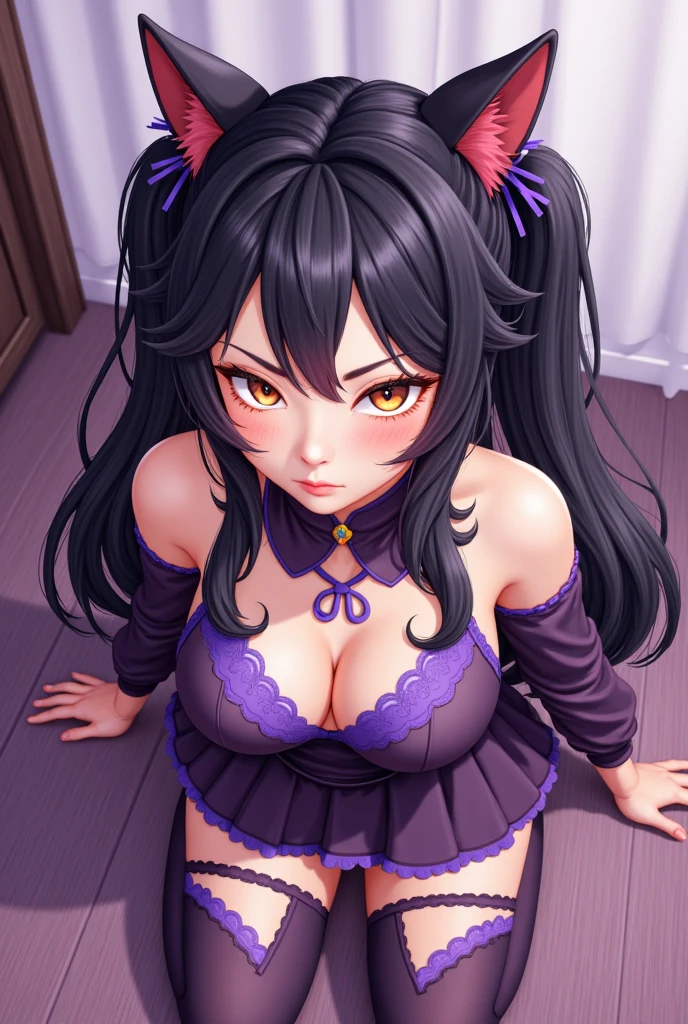 black hair, purple highlights, twin drills, one girl, massive breasts, very long hair, bedroom, small open cut pink sweater with red lace bra peeking out and light black leggings, masterpiece, ultra high quality