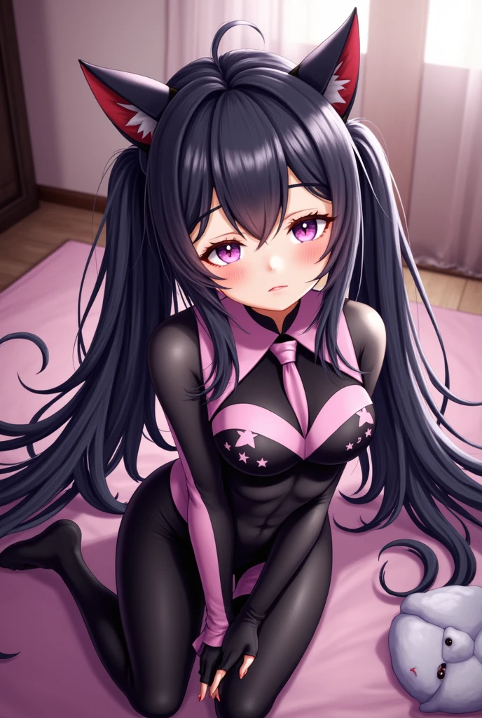 (best qualityer:1.3), (4K quality), Shinobu Kocho by Demon Slayer, (((purple and black hair))), ((face detailed)), ((curvy body)), (big boobies), cleaveage, sensuous, ((bidy latex neckline suit)), ((blush)), ((Covered area)),
