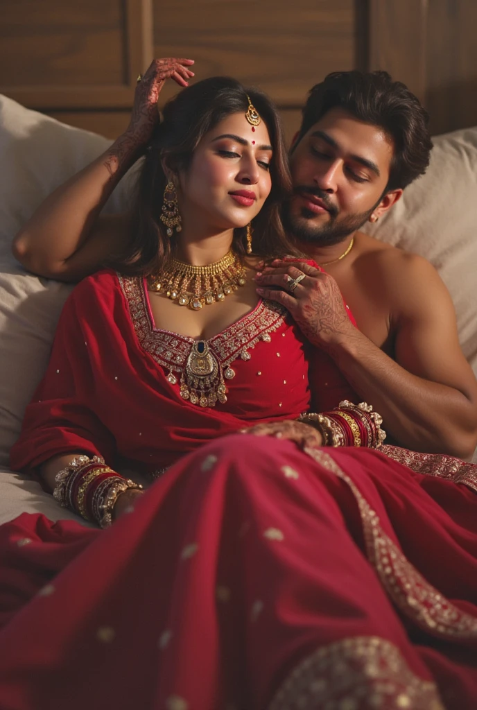 Beautiful princess in indian red gold plated lahenga, necklace, jewelry, hair accessories sleeping with an ancient indian handsome king in Dhoti and no upper garment, ancient indian male jewelry and neck length hair with ancient indian male hair accessories