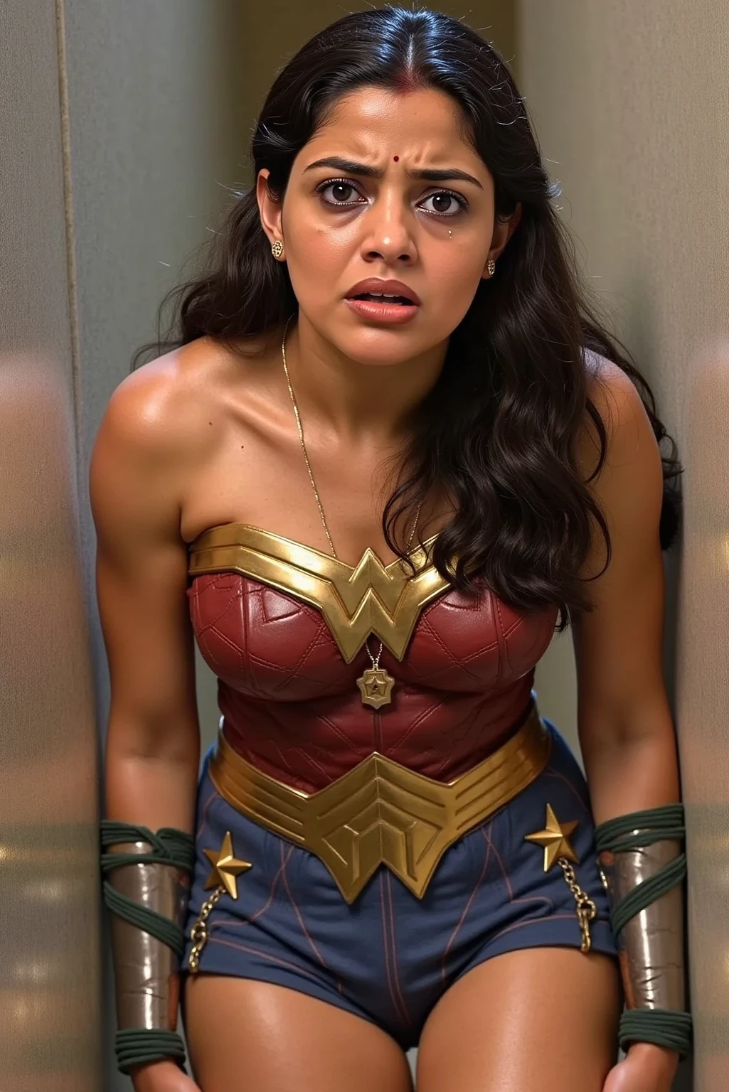 Kamala Khan, also known as Miss Marvel, standing confidently in a vibrant and colorful city skyline. Her iconic red and blue suit is adorned with her emblem, a flying stick figure wearing a green cloak. Her dark hair cascades down her back, and her striking brown eyes are fixed on something ahead, determination etched onto her features. The cityscape behind her is a mesmerizing mix of towering skyscrapers, neon lights, and billboards advertising various products and services. As she floats effortlessly through the air, her fingertips barely graze the tips of the buildings, leaving behind a faint glow that matches the energy she emanates. The image captures Miss Marvel in her element, a symbol of hope, courage, and the unbreakable spirit of the city she protects.