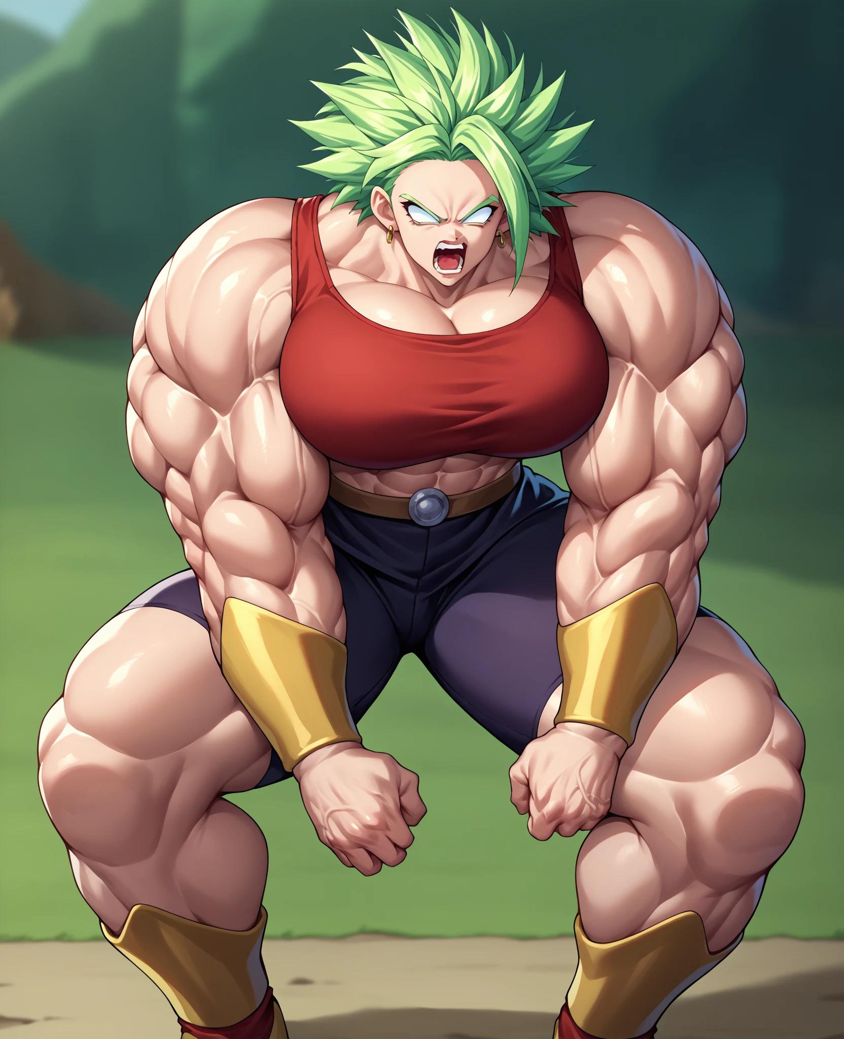A detailed drawing of Kale as a legendary super warrior, weiblicher Bodybuilder Charakter, extrem definierte Muskeln, dicke Nackenmuskulatur, breite Schultern, muscular shoulders, defined and muscular chest, large , extrem dicker Bizeps, definierte Bauchmuskeln, dicke definierte beinmuskeln, Adern pulsieren aus den Muskeln, dark green hair color, she is wearing a skimpy red bikini, barefoot, strongest woman in the world, unbesiegbar, great power, grimmiger Gesichtsausdruck, Full body image