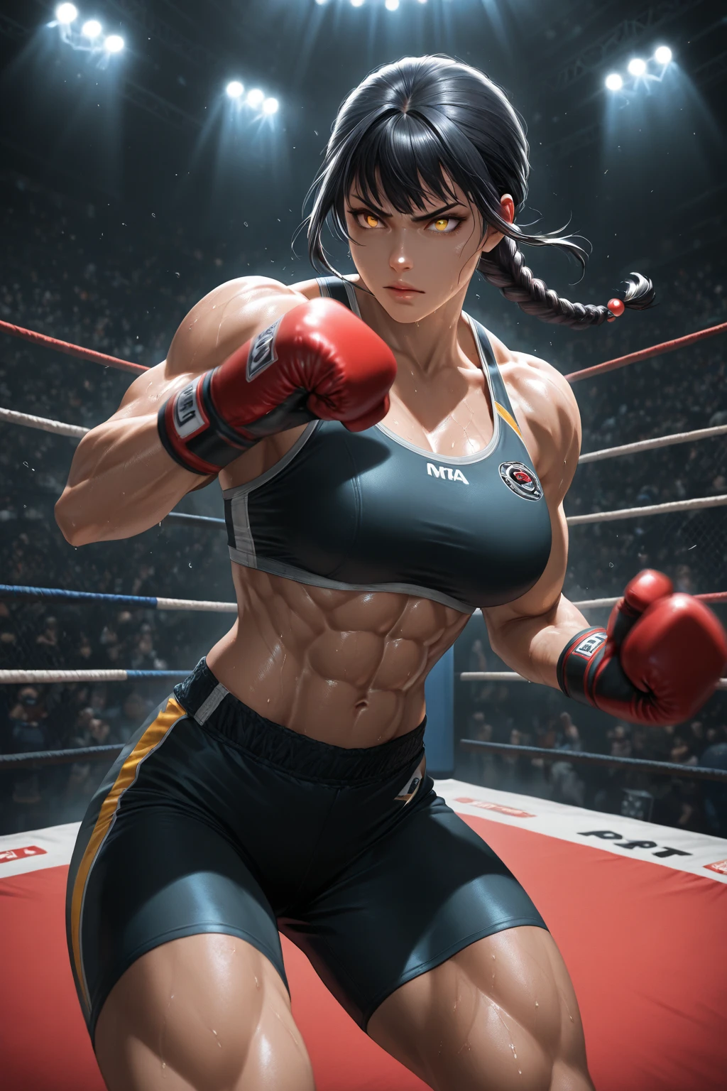 portrait photo of 1girl, abs, bandaged arm, bandaged hand, biceps, black hair, red boxing gloves, breasts, clenched hands, (fighting stance), flexing, gradient, gradient background, muscular female, pose, punching, short hair, solo, shorts, sports bra, toned, (((slim stomach, six-pack abs, ab line, muscle))), sweaty, wet, (big breasts), ass