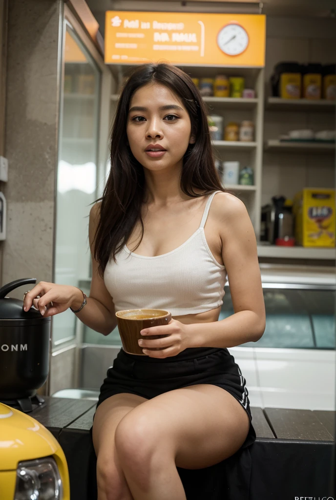 A Thai woman wearing glasses and a yellow bikini is sitting on the floor eating cup noodles.
