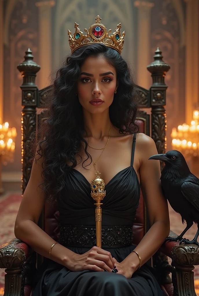 A beautiful European women, queen, squatting, full body, wearing torn dress, long dress, bone crown, grey sky, Post-Apocalyptic city, lianas, trees, vines. She is 2, has black hair, long hair, curly hair and black eyes. Her cloth is stylish and her overall appearance is stunning. The girl's face is extremely detailed with beautifully detailed lips. Her skin is anatomically correct with realistic textures. The image should have super high details and be of the best quality, with a resolution of 8K. The final result should be a masterpiece, showcasing the girl's beauty and the vibrant atmosphere of The destroyed Post-Apocalyptic city, trees and vines