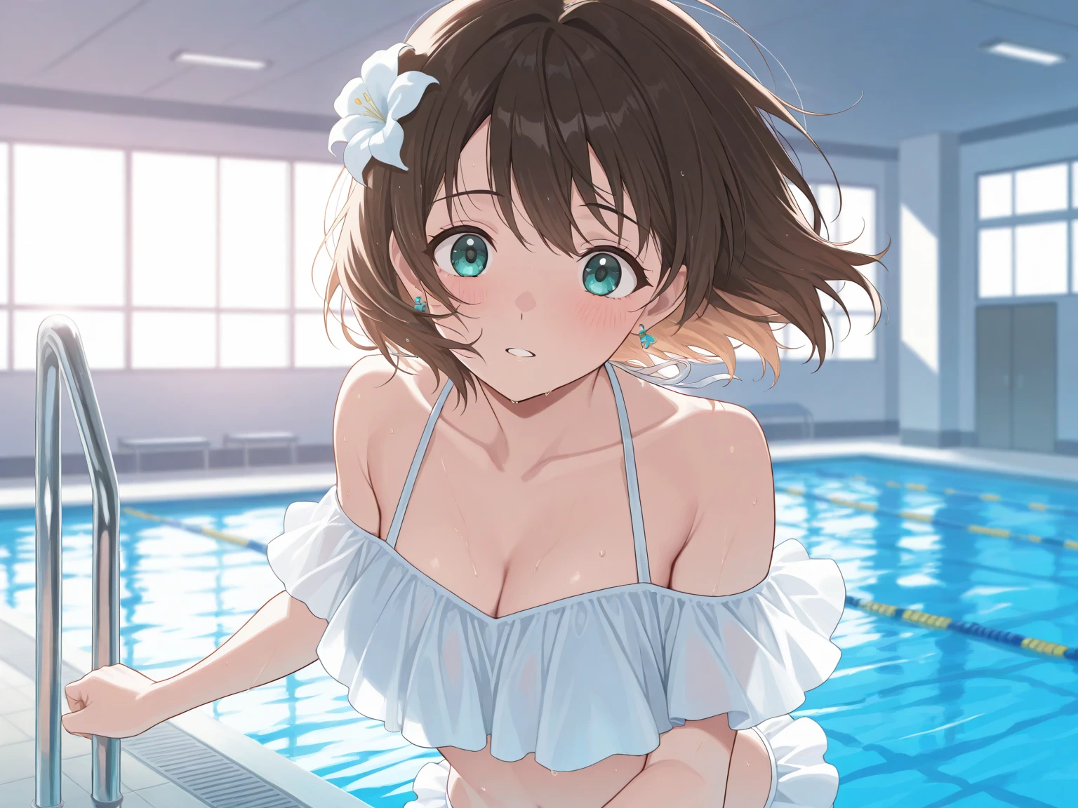 (best quality), ((masterpiece)), (highres), illustration, original, extremely detailed, yyds, 1girl, solo, watanabe you, breasts, blue eyes, swimsuit, cleavage, bikini, towel, looking at viewer, short hair, medium breasts, blush, blue bikini, wet, poolside, pool, bow, sparkle, wet hair, brown hair, water, blue bow, bikini skirt, collarbone, holding, grey hair, bangs
